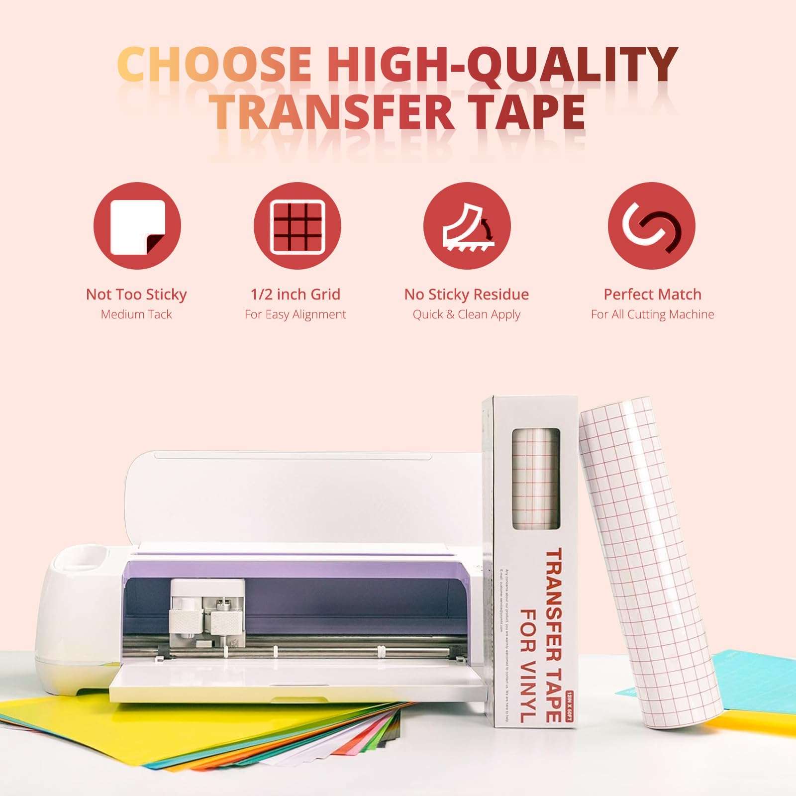 YRYM HT Clear Vinyl Transfer Paper Tape Roll-12 x 50 FT w/Alignment Grid Application Tape for Silhouette Cameo, Adhesive Vinyl for Decals, Signs, Windows, Stickers - Image 2