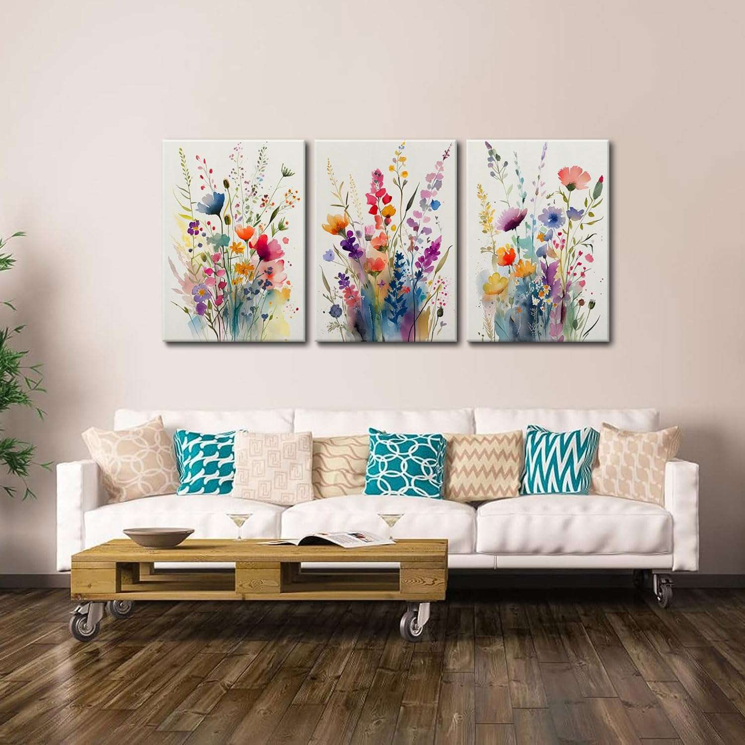 KISSFOX 3 Piece Colorful Wildflower Botanical Framed Wall Art Watercolor Floral Canvas Art Prints Boho Flower Pictures Wall Decor Modern Minimalism Paintings Artwork Girls Bedroom Living Room Bathroom - Image 3