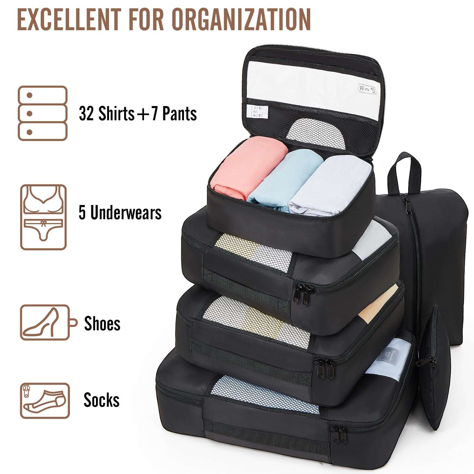 Veken 10 Set/8 Set Packing Cubes for Travel Essentials, Suitcase Organizer Bags in 4 Sizes, Carry-On Luggage Accessories with Large Laundry & Toiletry Bag, Must-Have for Airplane, Road Trip & Camping - Image 5