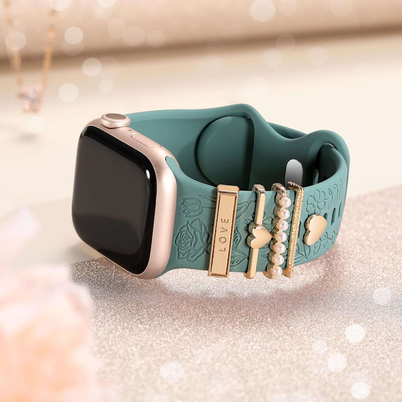 DaQin Flower Engraved Band Compatible with Apple Watch Bands for Women 40mm 38mm 41mm 42mm, Soft Silicone Band With Decorative Apple Watch Charms for iWatch Series 10 9 8 7 6 5 4 3 2 1 SE - Image 9