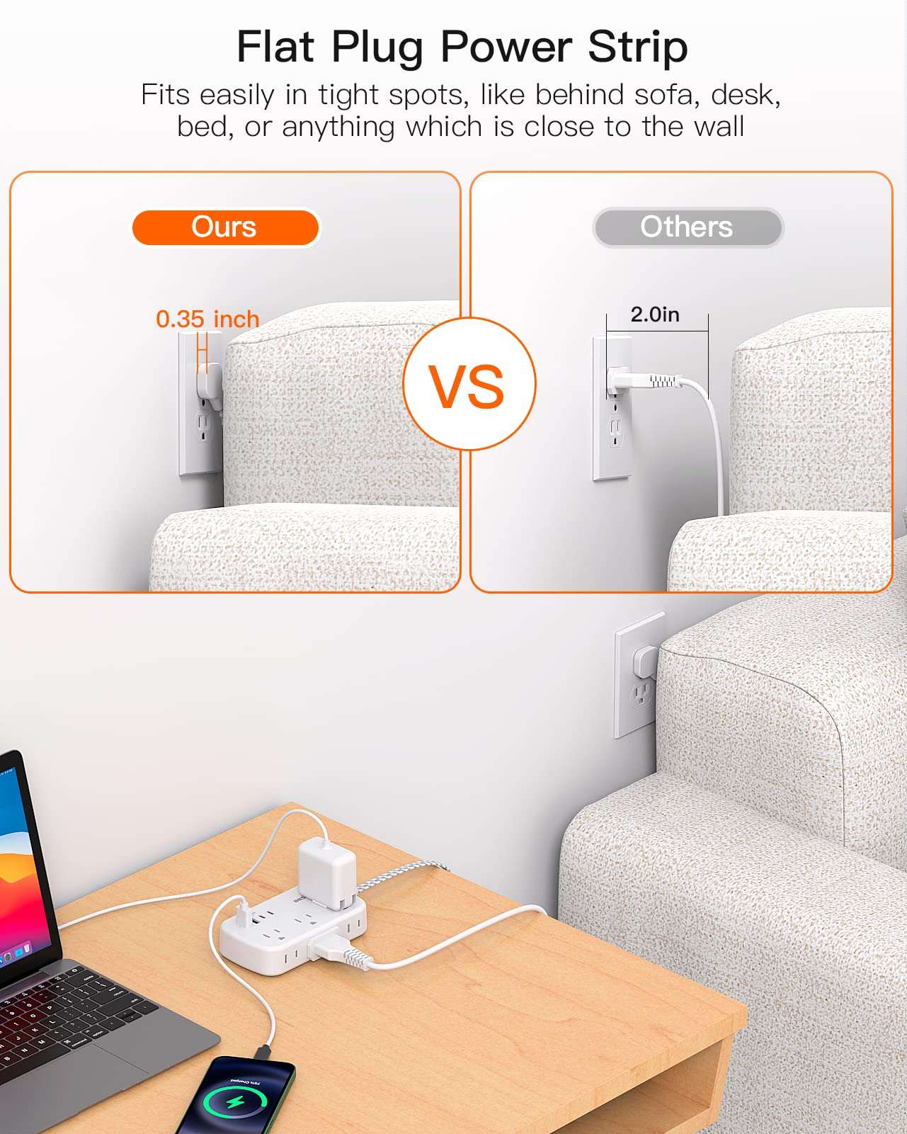 10FT Flat Plug Power Strip with USB C, BESHON Ultra Thin Flat Plug Extension Cord - 6 Outlets with 4 USB Ports(2 USB C), Power Strip for Dorm Room Travel Essentials - Image 2