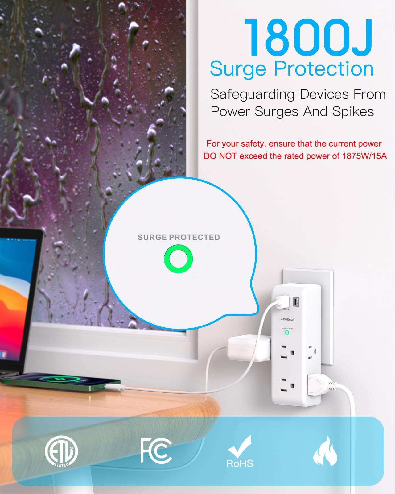 Surge Protector Outlet Extender with Rotating Plug - One Beat 6 AC Multi Plug Outlet with 3 USB Ports (1 USB C), 1800J Wall Charger, 3-Sided Power Strip Spaced Outlet Splitter for Home Office Travel - Image 6