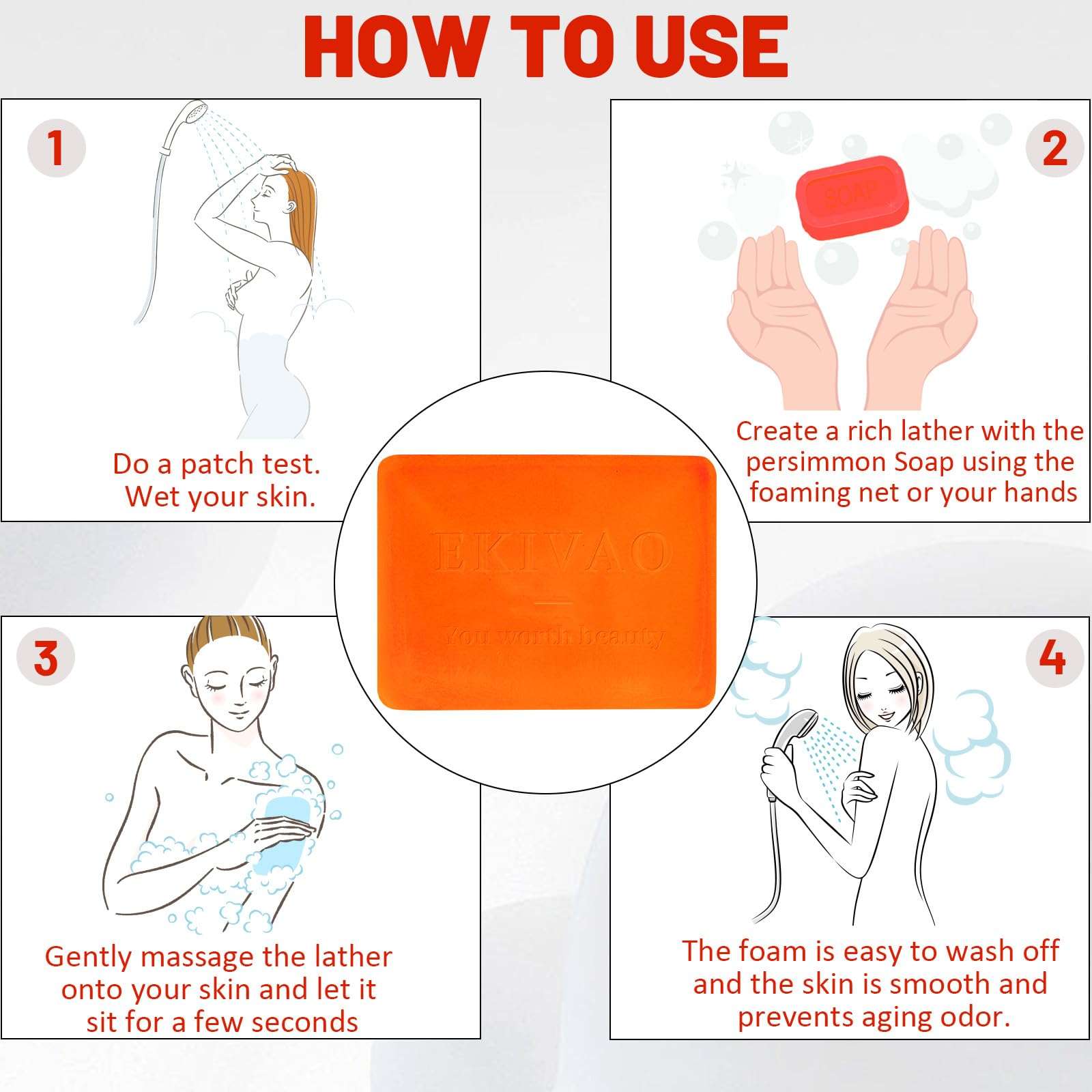 EKIVAO 3Pack Natural Persimmon Soap Bar for Body Odor Control, Organic Deodorant Body Persimmon Bar Soap for Old People Smell, Remove Odor Bath Soap for Women & Men - Image 4