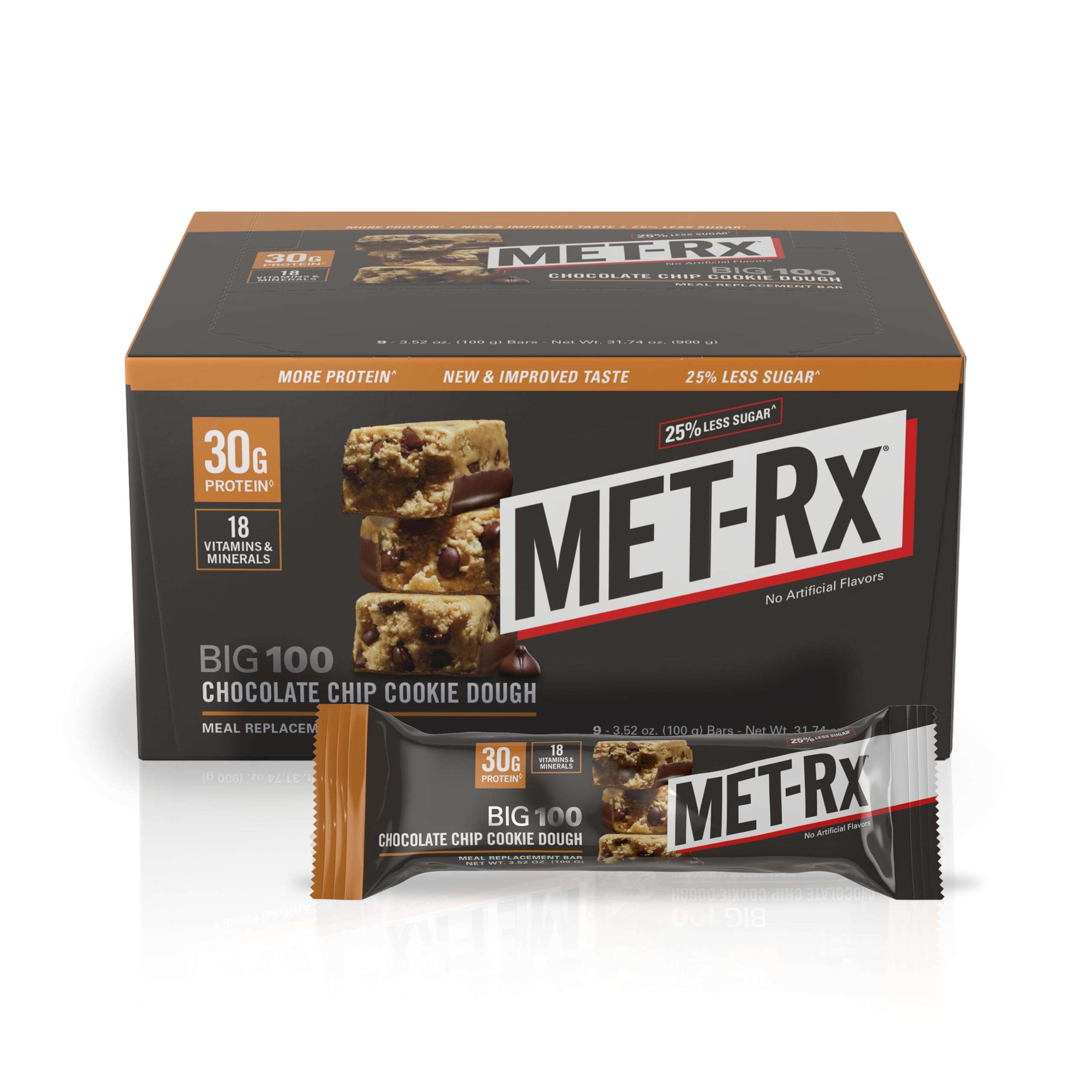 MET-Rx Big 100 Colossal Protein Bars, Chocolate Chip Cookie Dough Meal Replacement Bars, 9 Count (Pack of 1) - Image 1