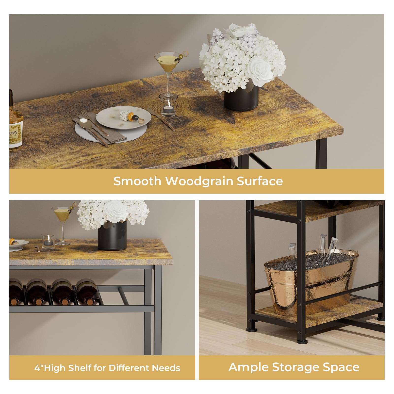 COMHOMA Dining Table Set for 2, Counter Height Kitchen Table and Chairs with Storage Shelves & Wine Rack, Bar Table Set with 2 Bar Stools, 3 Piece Dining Room Table Set for Small Space, Retro Brown - Image 5