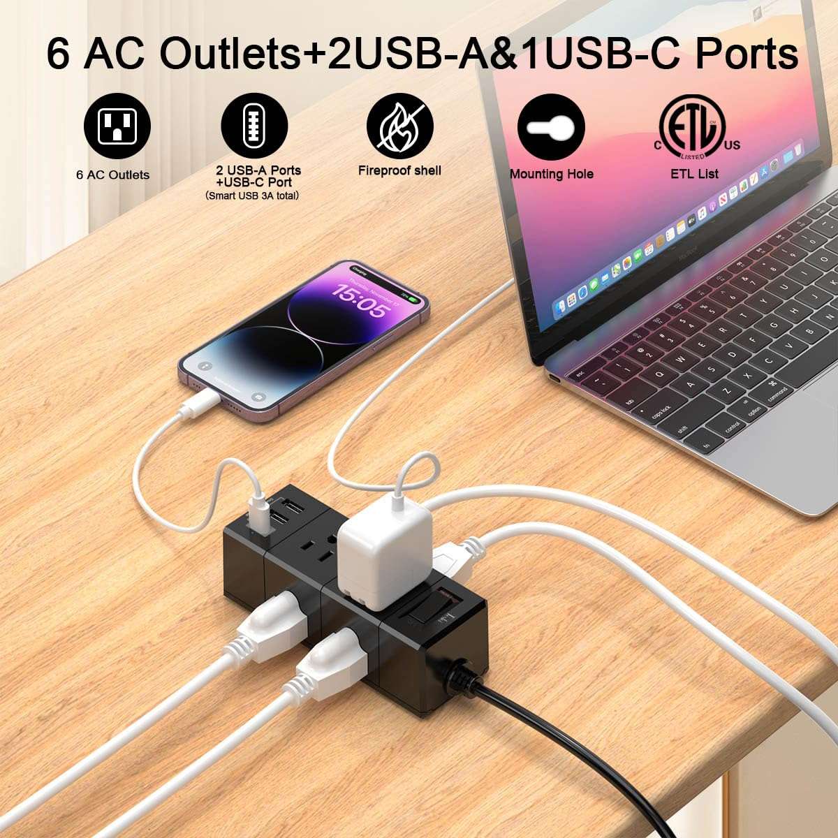 10Ft Extension Cord Flat Plug Power Strip - Tcstei 3-Side Outlet Extender with 6 AC Outlets and 3 USB Ports (1 USB C), Compact for Home, Office, Dorm Room Essentials, ETL, Black - Image 2