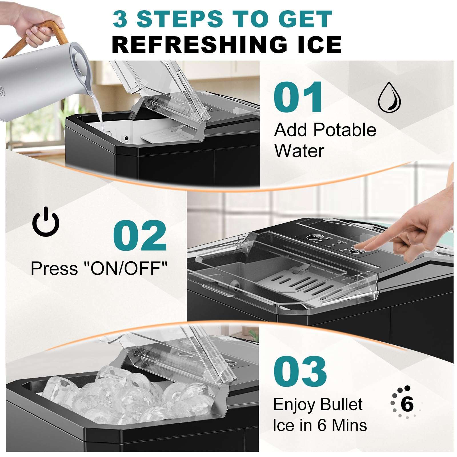 OLIXIS Ice Maker, Ice Makers Countertop with Handle, Portable Ice Machine, 9 Bullet Ice Cubes in 6 Mins, 26lbs in 24Hrs, Auto-Cleaning, with Basket and Scoop, for Home, Kitchen, RV, Camping, Black - Image 5
