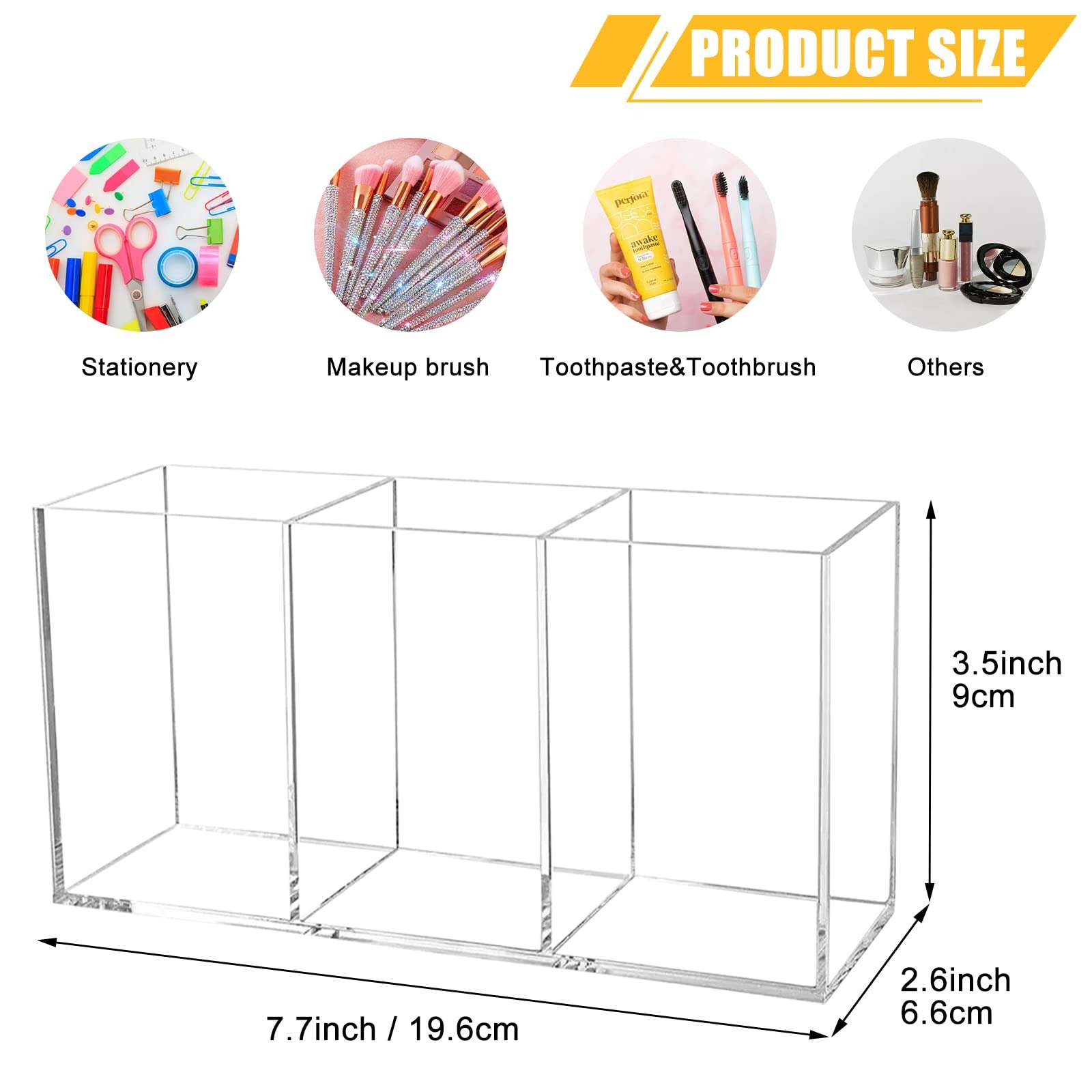 Cerpourt Clear Makeup Brush Organizer,Acrylic Cosmetic Brushes Storage Holder with 3 Slots,Pencil Pen Holder for Desk,Desk Organizer and Accessories for Vanity - Image 2