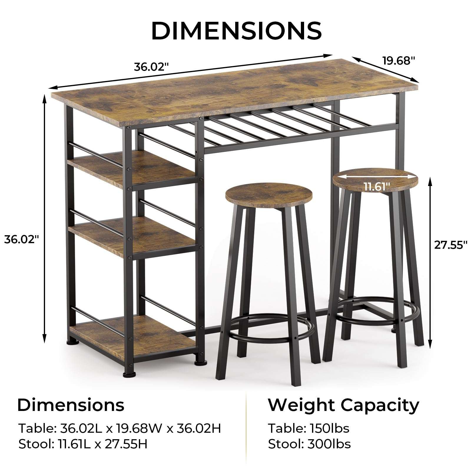 COMHOMA Dining Table Set for 2, Counter Height Kitchen Table and Chairs with Storage Shelves & Wine Rack, Bar Table Set with 2 Bar Stools, 3 Piece Dining Room Table Set for Small Space, Retro Brown - Image 3
