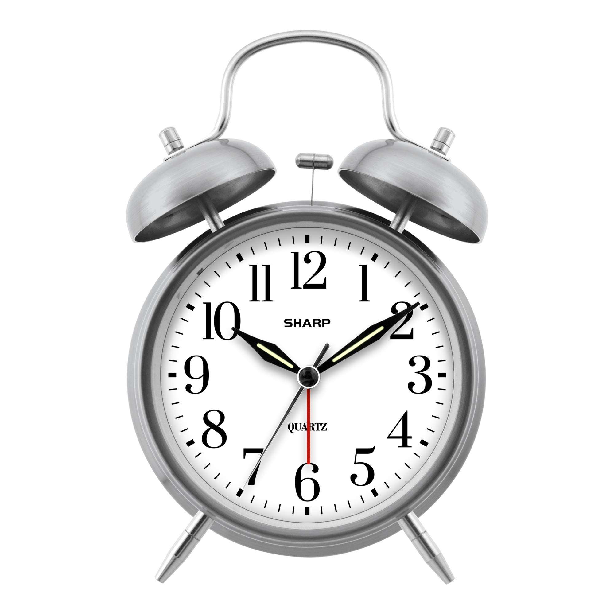 Sharp Twin Bell Alarm Clock - Loud Alarm - Great for Heavy Sleepers - Battery Operated Quartz Analog Clock (Brushed Silver) - Image 1