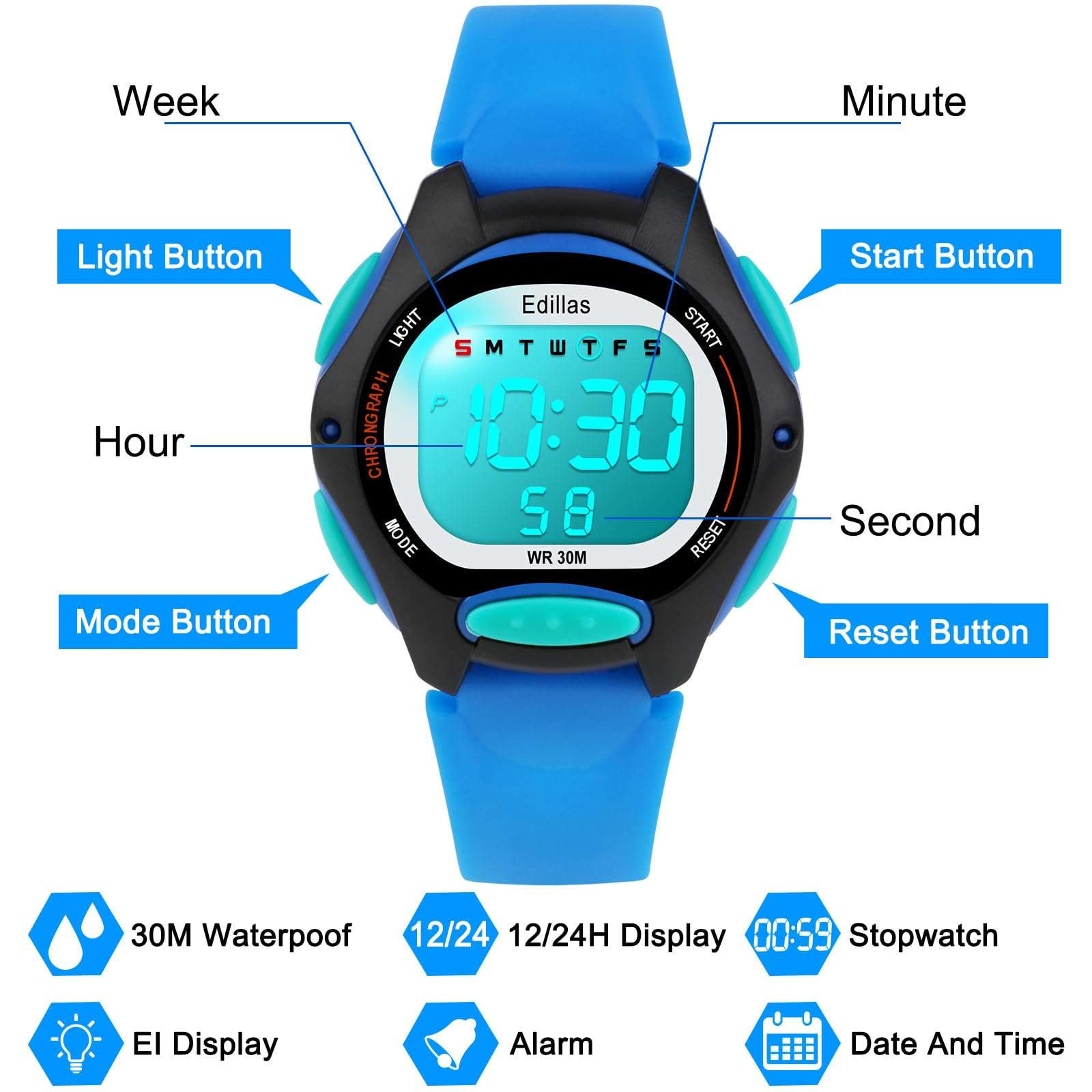 Edillas Kids Watches Digital Girls Boys, 7 Colors Waterproof Wristwatches for Child Sport Outdoor Multifunctional with Stopwatch Alarm Ages 4-15 - Image 5