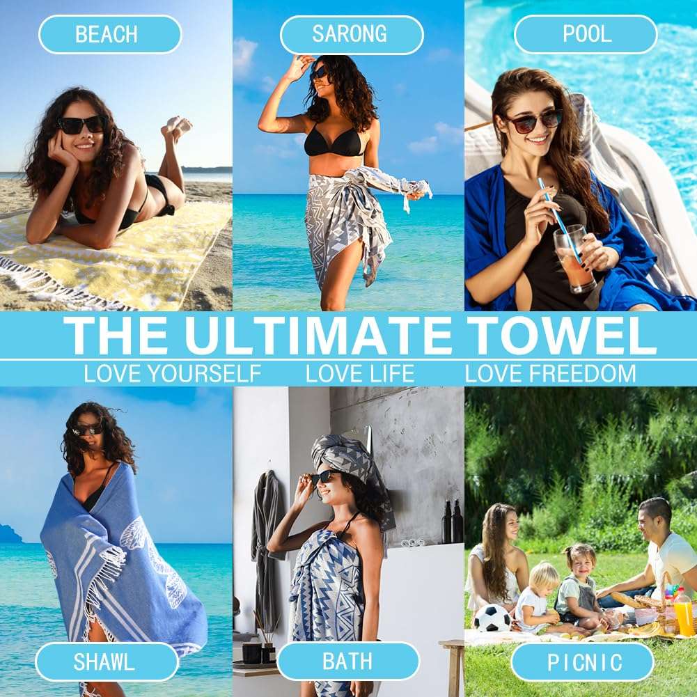 Widdonen Thin Turkish Beach Towel Lightweight Quick Dry Absorbent Cotton Bathroom Bath Pool Swim Towels Extra Large Oversized Sand Free Beach Accessories Essentials Cloud Gifts for Adult - Image 7