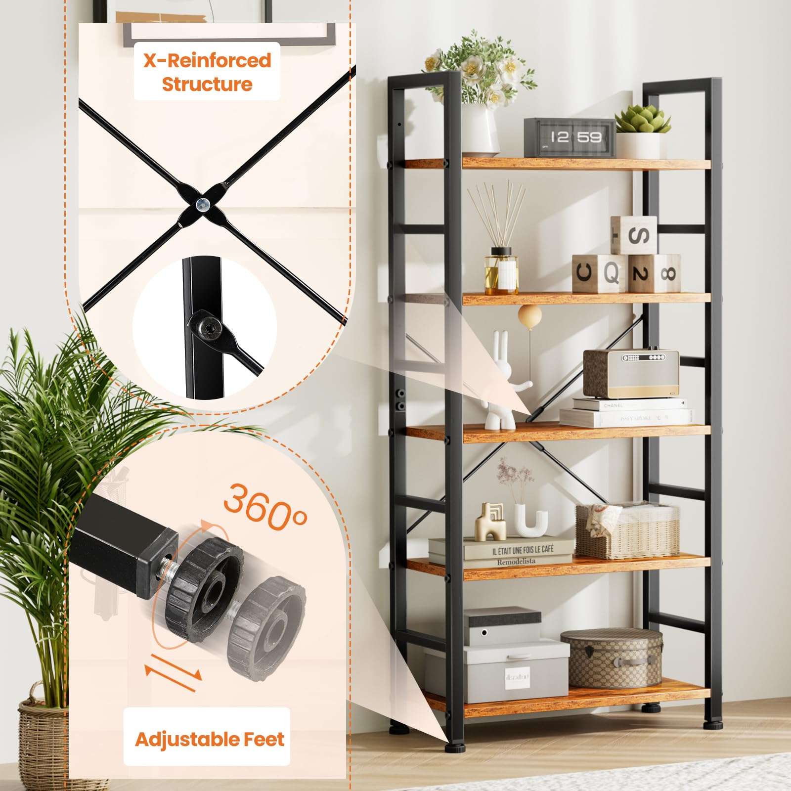 Sweetcrispy Book Shelf, 5 Tier Bookcase, Modern Tall Bookshelf for Garage Kit, CDs, Movies, Industrial Corner Storage Organizer for Bedroom Home Office Kitchen Living Room, Rustic Brown - Image 6