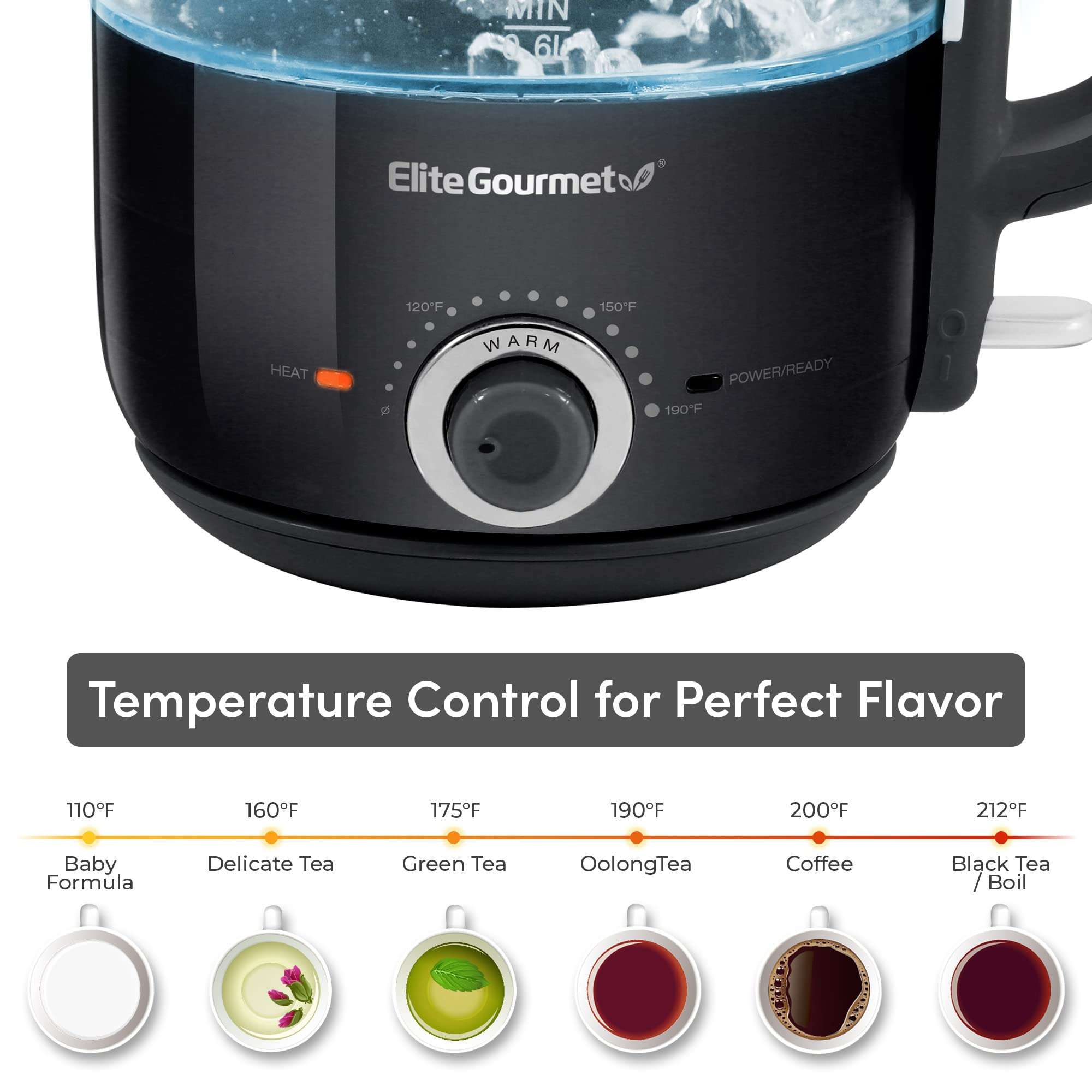 Elite Gourmet EKT1220B 1.2L Electric BPA-Free 1200W Glass Kettle, Temperature Dial Keep Warm Function, Cordless 360° Base, Blue LED Interior, Auto Shut-Off Function – Quick Boil, Black - Image 4