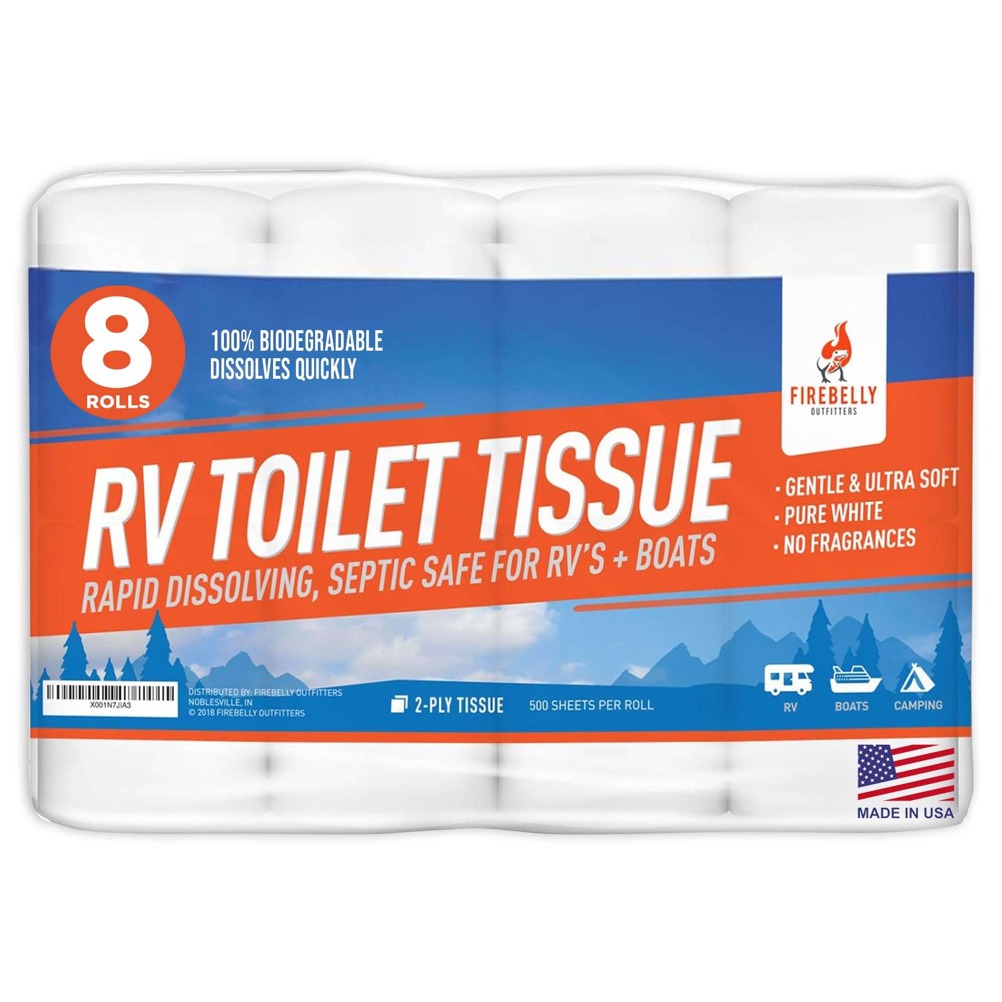 RV Toilet Paper, Septic Tank Safe-MADE IN THE USA- 8 Rolls,2-Ply 500 Sheets - Fast Dissolve Bath Tissue for Camping, Marine, RV Holding Tanks, Biodegradable - Firebelly Outfitters - Image 1