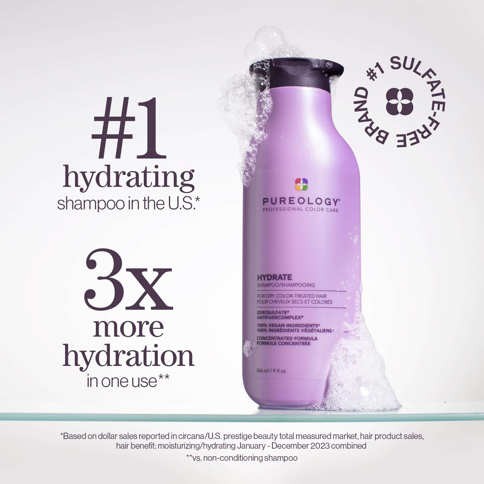 Pureology Hydrate Shampoo - For Dry or Color-Treated Hair, Intense Hydration & Softness, With Rose Extract & Green Tea, Vegan & Sulfate-Free - Image 2