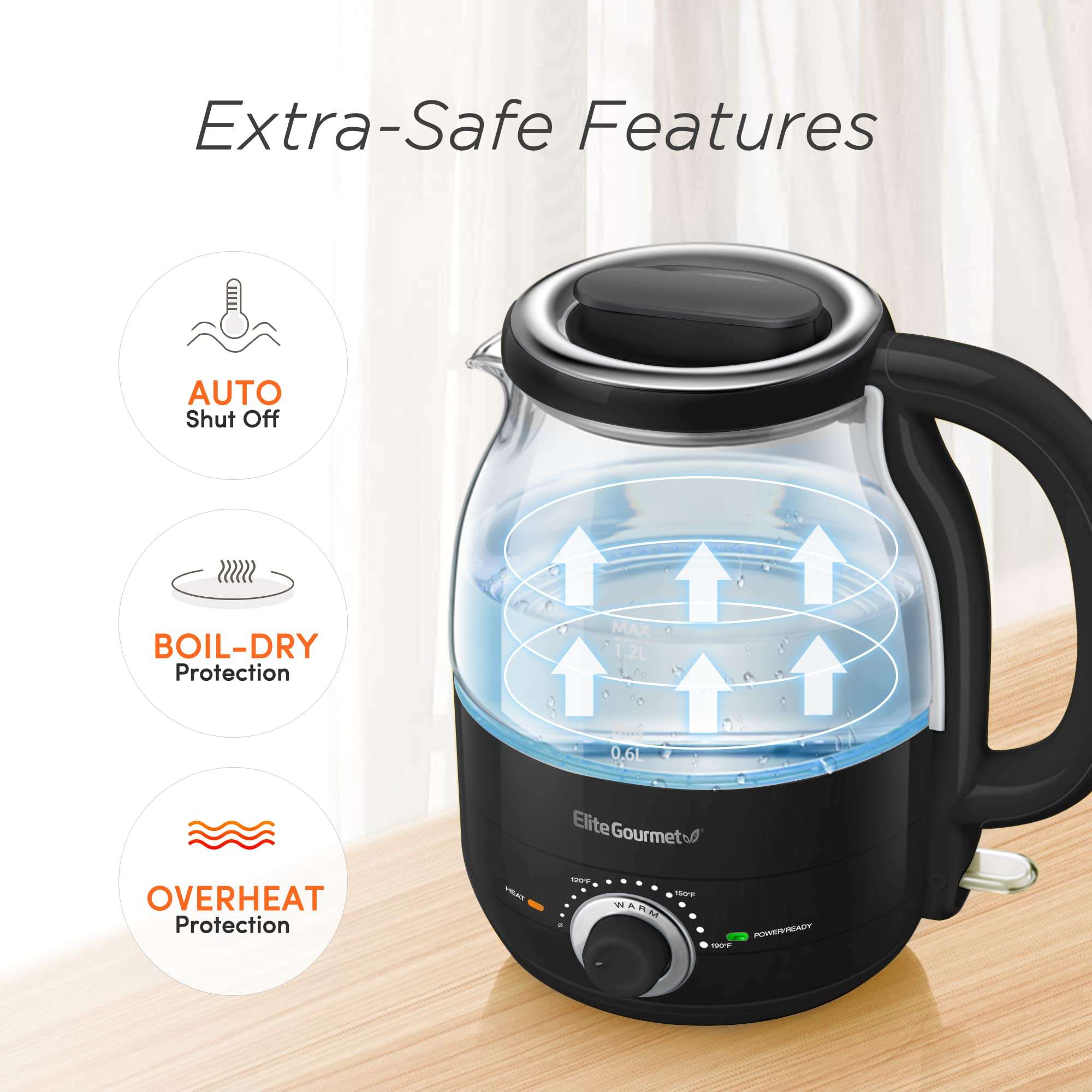 Elite Gourmet EKT1220B 1.2L Electric BPA-Free 1200W Glass Kettle, Temperature Dial Keep Warm Function, Cordless 360° Base, Blue LED Interior, Auto Shut-Off Function – Quick Boil, Black - Image 7
