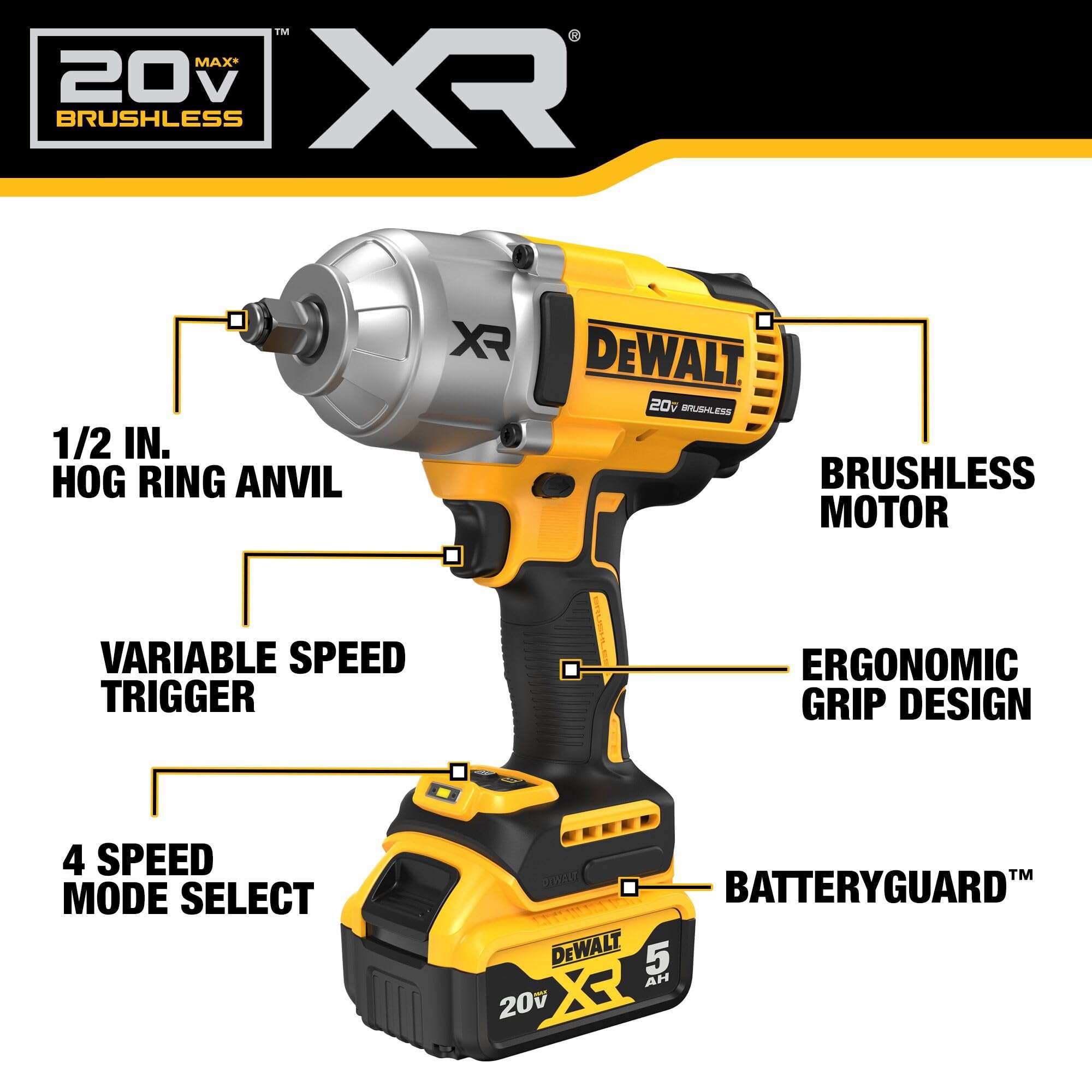 DEWALT 20V MAX Cordless Impact Wrench Kit, 20V MAX, 1/2" Hog Ring With 4-Mode Speed, Includes Battery, Charger and Kit Bag (DCF900P1) - Image 4