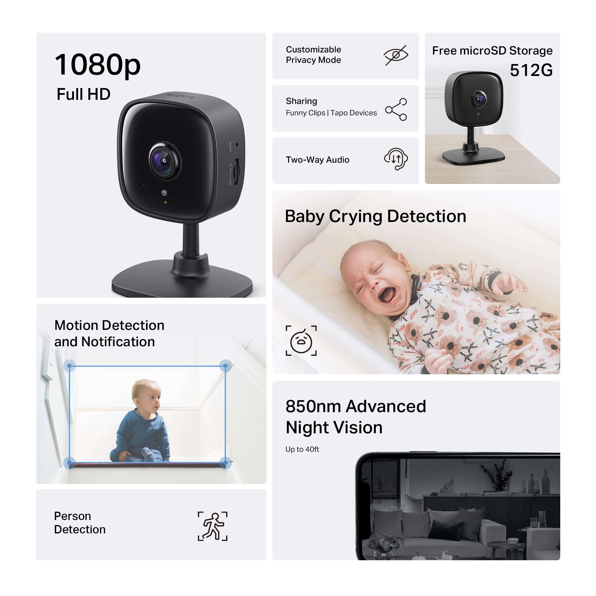 Tapo by TP-Link 1080P Indoor Security Camera for Baby Monitor, Pet Camera w/Motion Detection, 2-Way Audio, Night Vision, Cloud & SD Card Storage, Works w/Alexa & Google Home, Black, C101 - Image 2