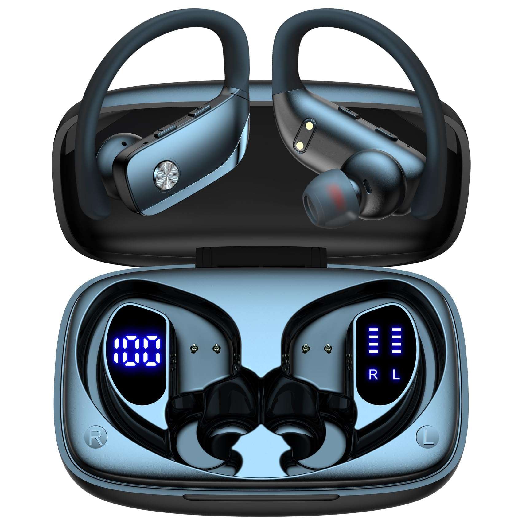 bmani Ear Buds Wireless Earbuds Bluetooth Headphones with 80H Playtime LED Display Case, Over-Ear Hook with Mic, Stereo Sound, Easy Button Controls, Sports Earphones for Running Workout Gym Black - Image 1