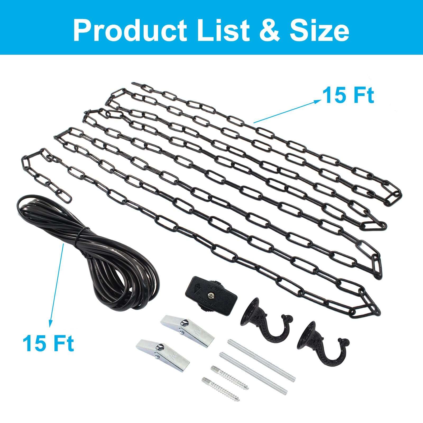 HARSKIYER Swag Light Kit with 15 Ft Chandelier Chain, 15 Ft Light Cord, Switch and 2 Swag Hooks, Black Hanging Lamp Kit for Pendant Light, Ceiling Light and Fan Light - Image 3