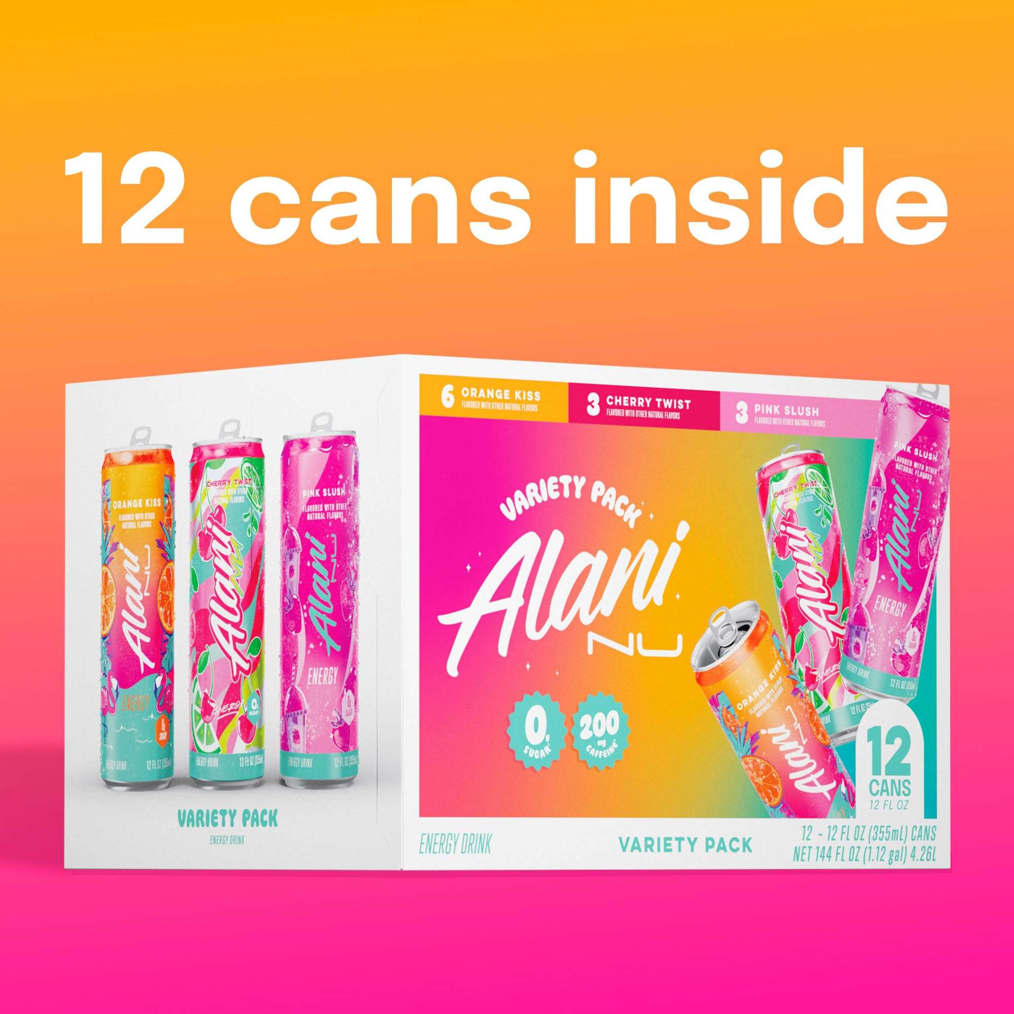 Alani Nu VARIETY PACK CHERRY TWIST, PINK SLUSH, ORANGE KISS Sugar Free, Low Calorie Energy Drinks, 200mg Caffeine, Biotin B Vitamins, Zero Sugar, 10 Calories, 12 Fl Oz Cans, 12 Pack - Image 2