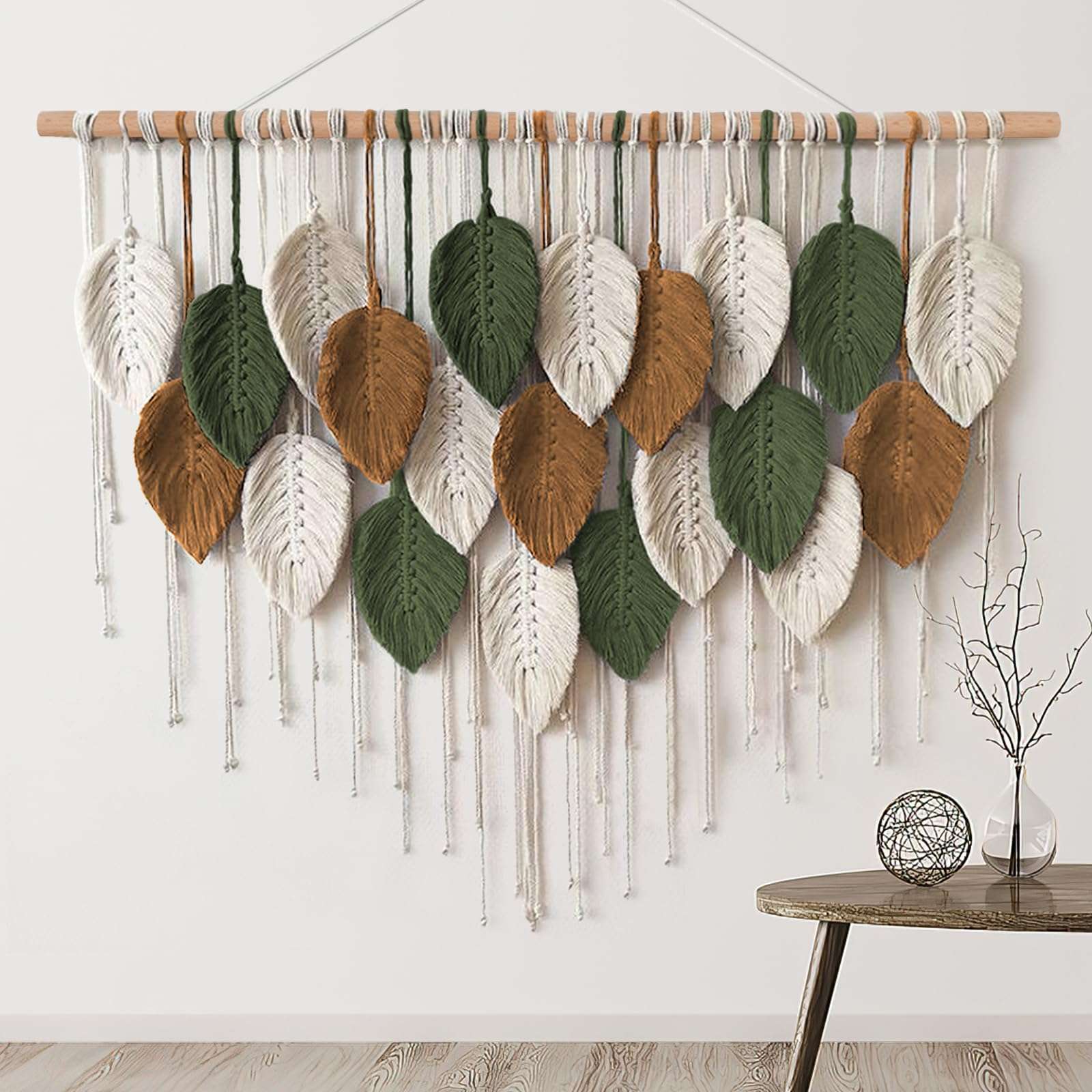 KHOYIME Large Macrame Wall Hanging Boho Woven Tapestry, Chic Home Decor Modern Bohemian Handmade Leaf Feather Wall Art Decorations for Apartment Dorm Living Room Bedroom Nursery Backdrop 39"W X 29.5"L - Image 1