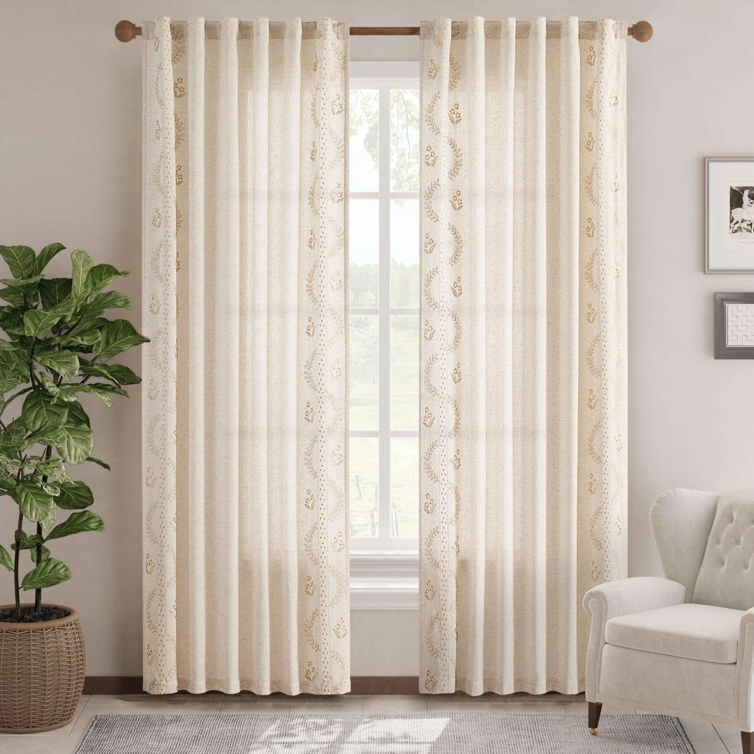 jinchan Belrose Linen Curtains for Bedroom Floral Curtains 84 Inch Length Linen Blend Beige Embroidered Drapes Farmhouse Flower Patterned Drapes for Living Room Window Treatments Set 2 Panels - Image 2