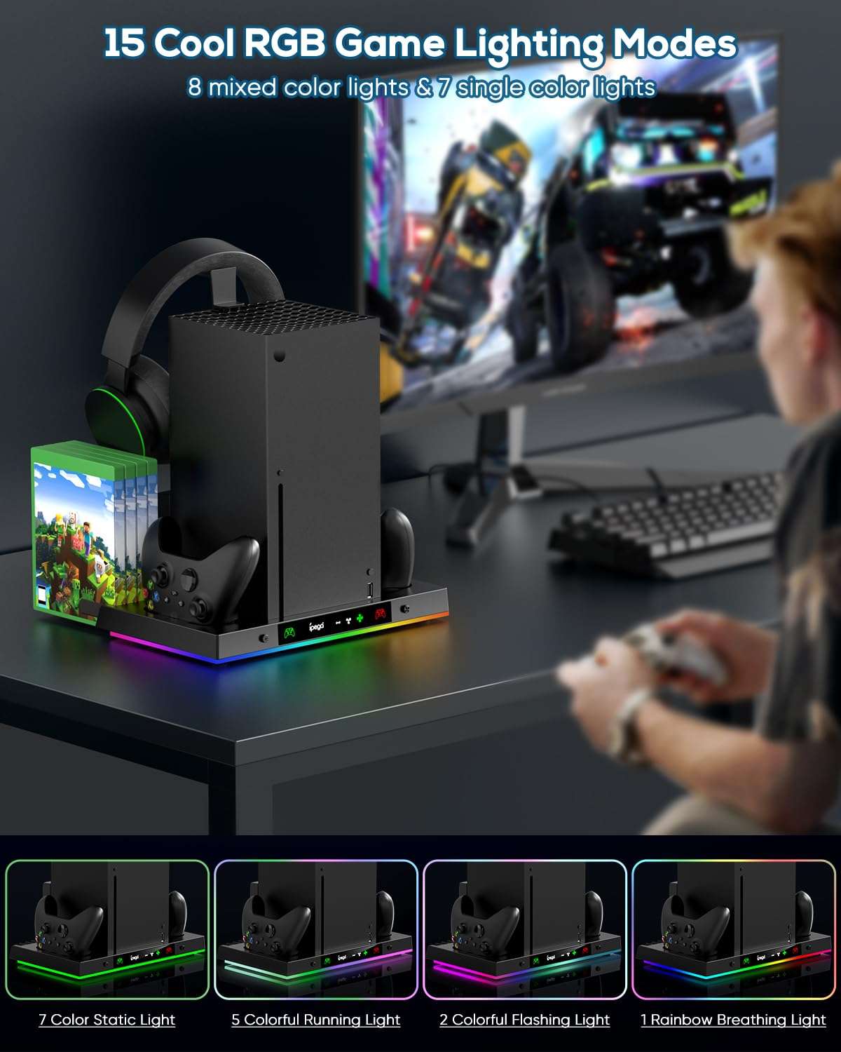 MENEEA Upgraded Cooling Fan Charging Station for Xbox Series X Console & Controller, Dual Charger Dock & Cooler System Stand with 15 Colorful Lights for Xbox Series X Accessories Kit - Image 5