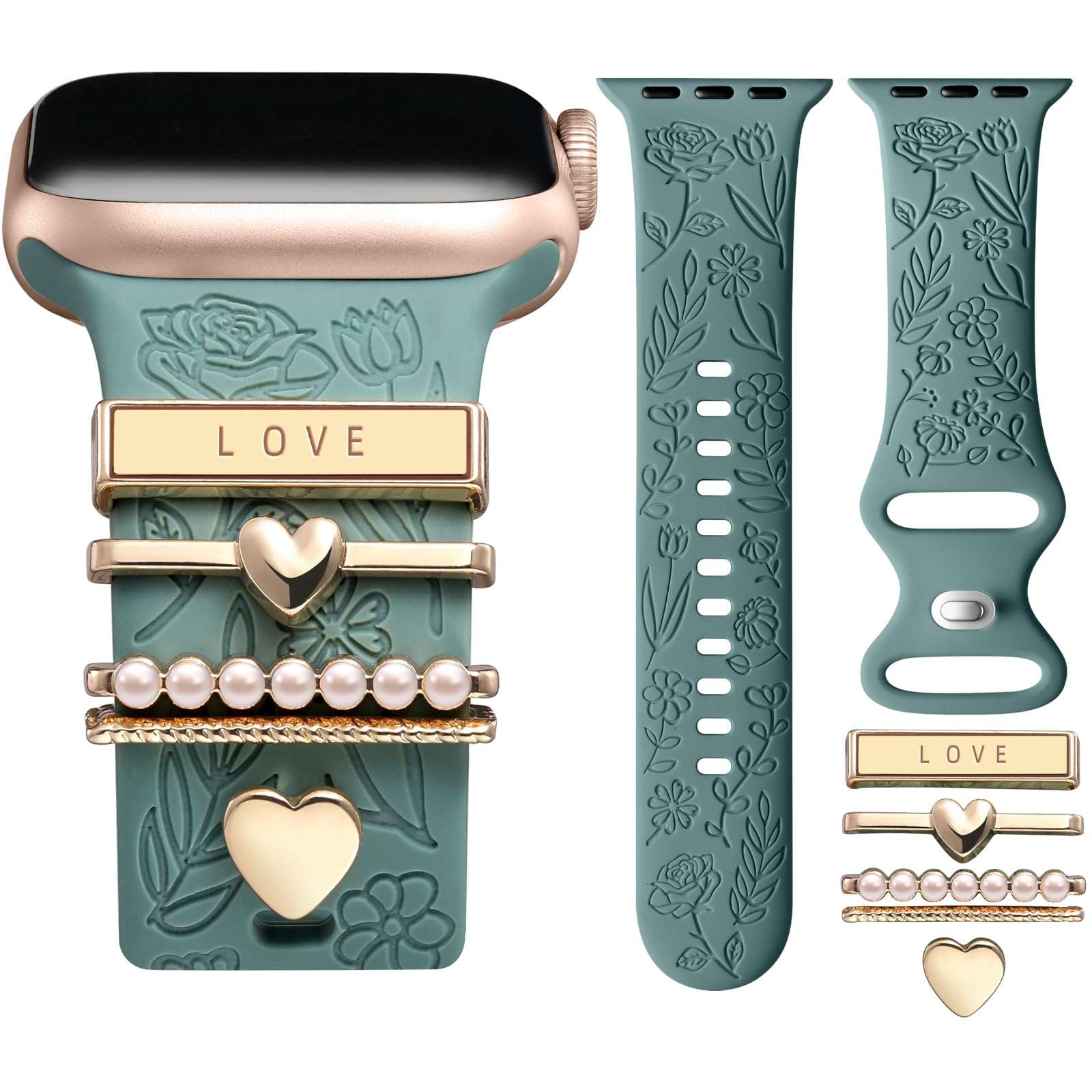 DaQin Flower Engraved Band Compatible with Apple Watch Bands for Women 40mm 38mm 41mm 42mm, Soft Silicone Band With Decorative Apple Watch Charms for iWatch Series 10 9 8 7 6 5 4 3 2 1 SE - Image 1