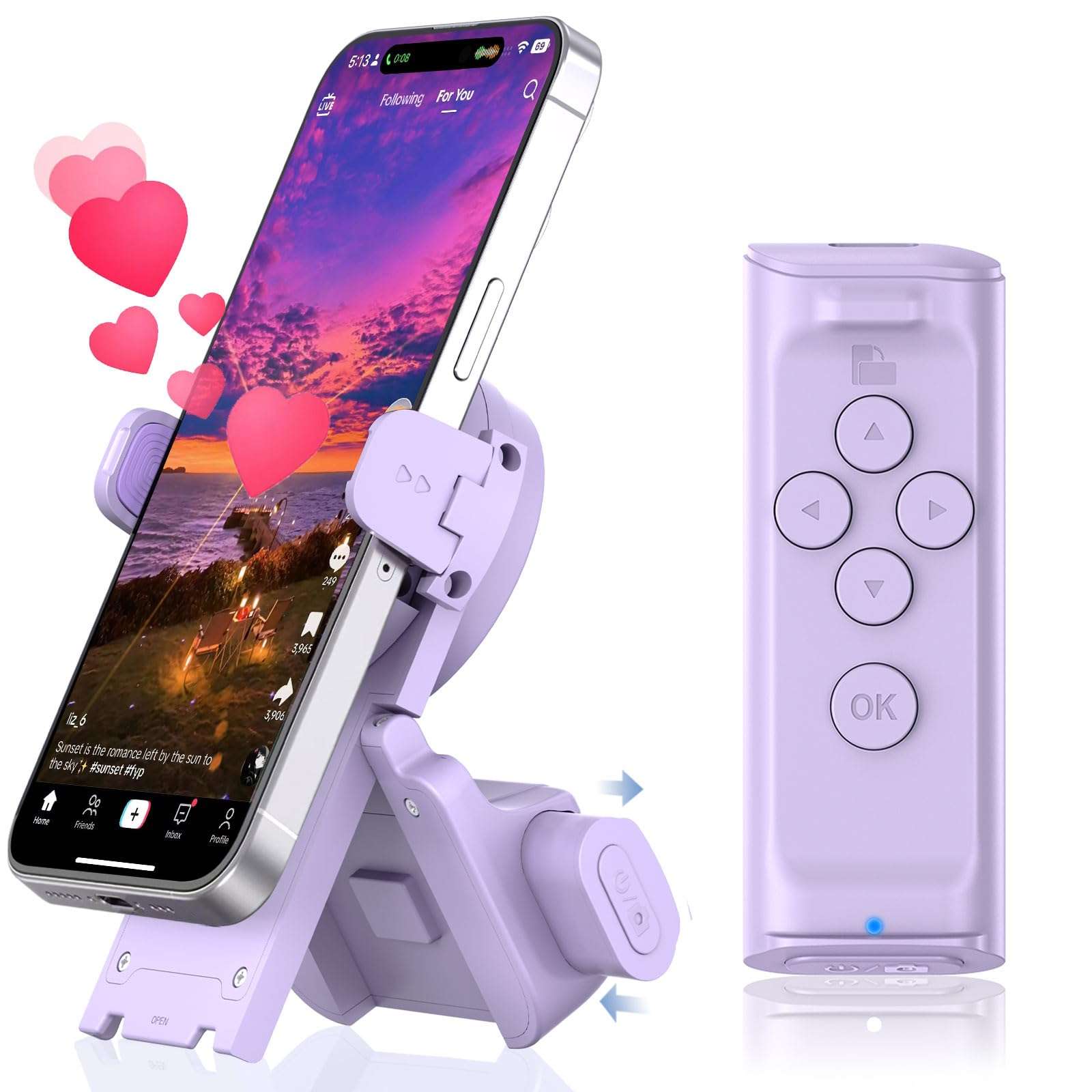 MILOUZ Remote Control Scrolling for Tiktok with Phone Stand,Page Turner for Kindle App E-Book,Bluetooth Camera Shutter Remote for iPhone, Android,iOS,iPad,Tablet (Purple) - Image 1