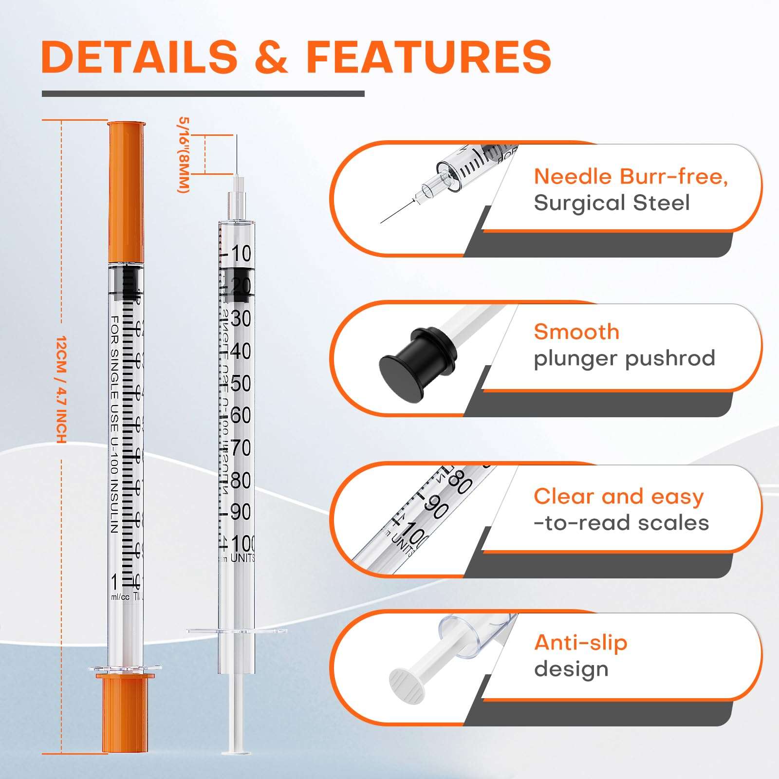 Insulin Syringe U-100 | 1cc with 31G 5/16" (8mm) Needle, Pack of 100 - Image 5