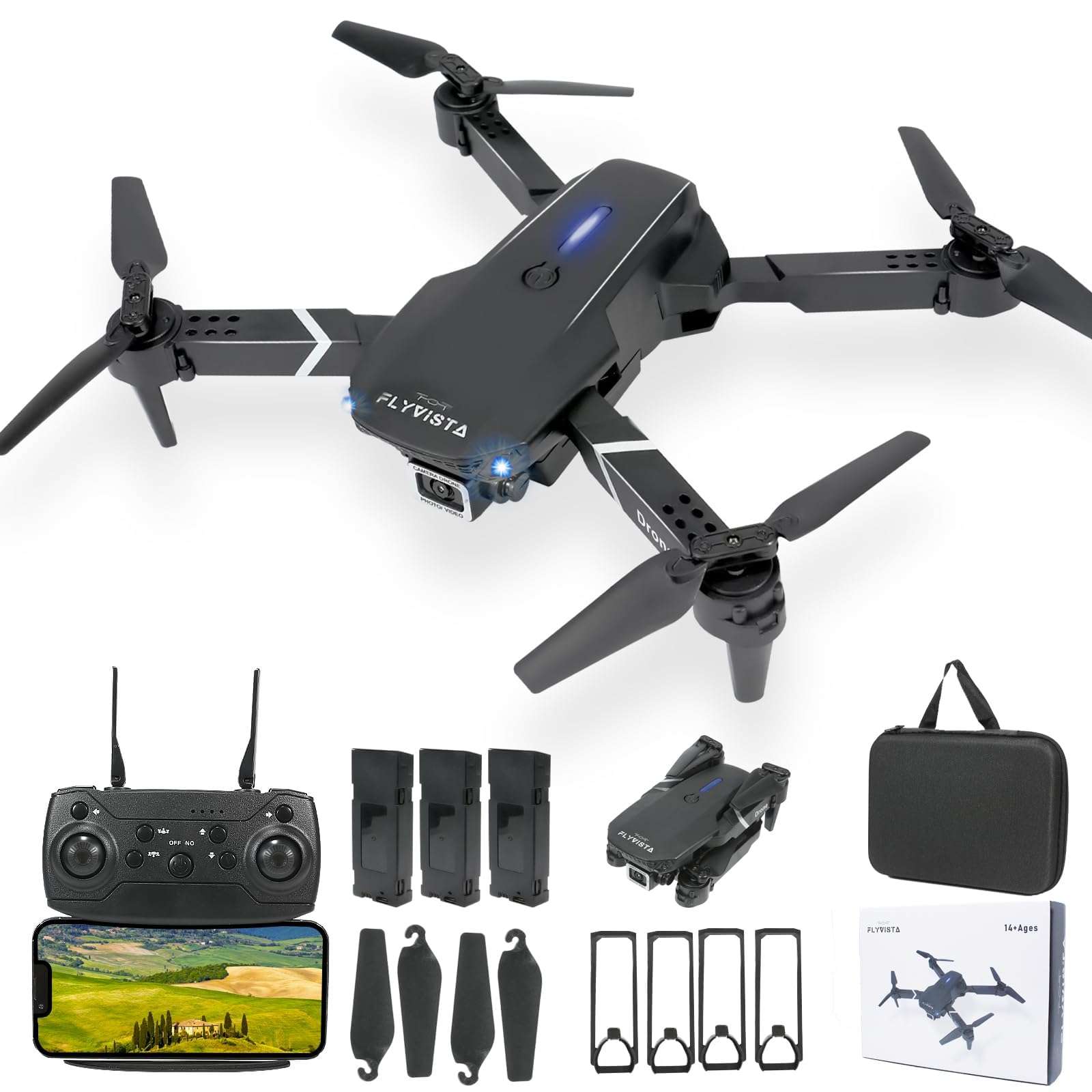FLYVISTA Mini Drone with Camera for Adults Kids, 1080P WiFi FPV Camera Drone with 3 Batteries, One-Click Take Off/Landing, Altitude Hold, Headless Mode, 360° Flips, 3-Gear Speeds, Emergency Stop, Carrying Case, Toys Gifts for Kids and Adults Beginner - Image 1