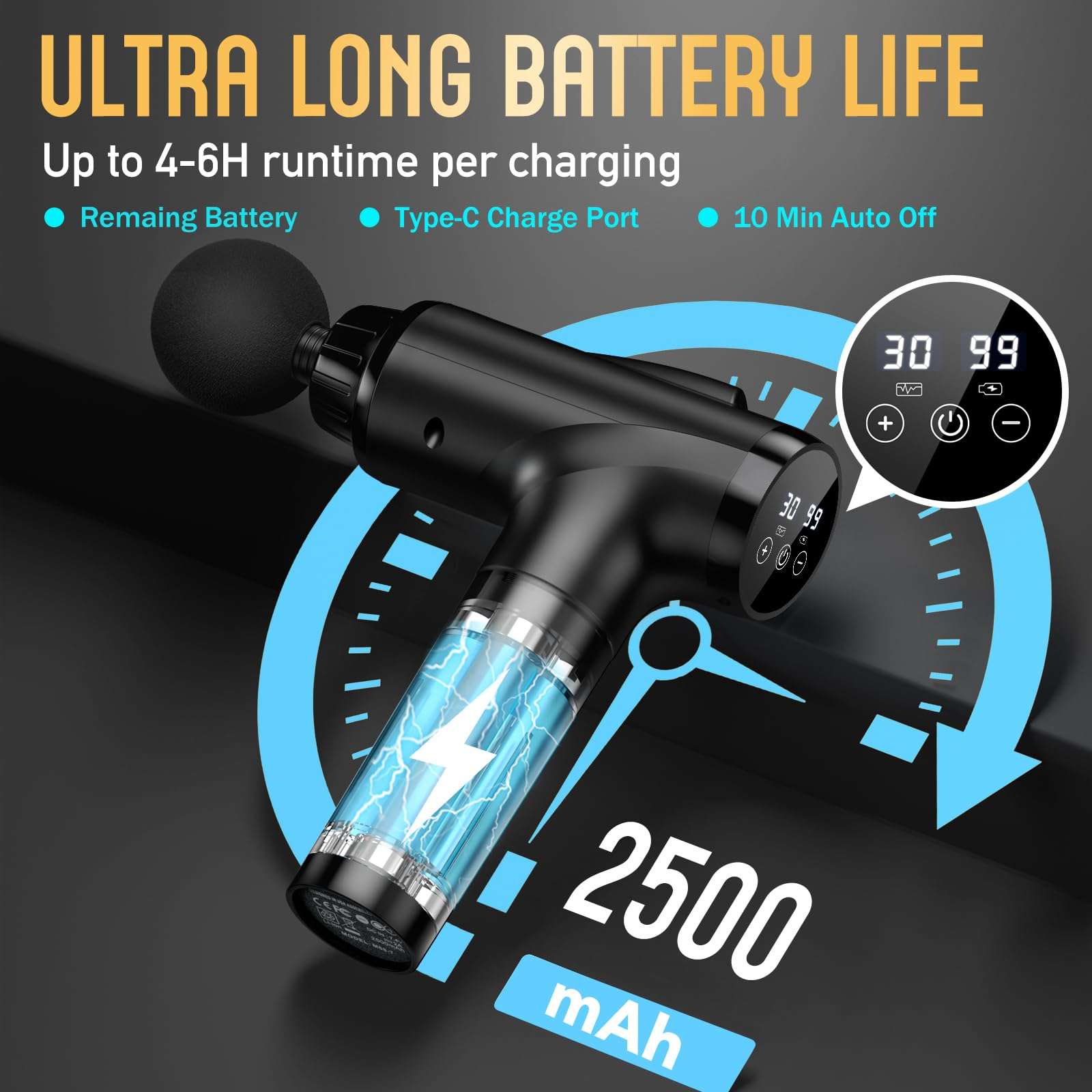 OLsky Massage Gun Deep Tissue, Handheld Electric Muscle Massager, High Intensity Percussion Massage Device for Pain Relief with 9 Attachments & 30 Speed(Black) - Image 3