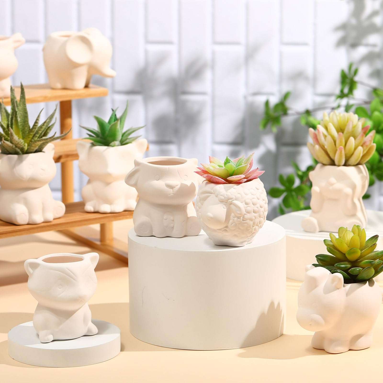 Hushee 12 Sets DIY Ceramic Succulent Pots Ready to Paint Animal Planters Unpainted Plant Flower Pots Bulk with Drainage Hole and Bisque Paint for Kids Adults Craft Christmas - Image 4