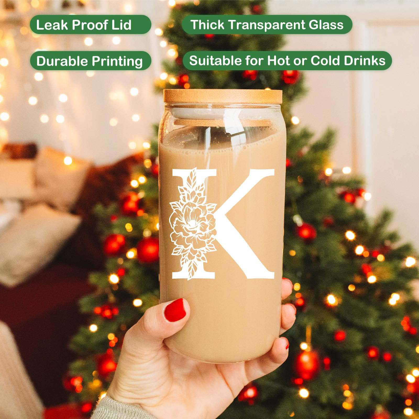 Coolife Initial Glass Cup, 16 oz Monogrammed Cups w/Lids & Straws | Iced Coffee Smoothie Beer Tumbler | Personalized Christmas | Birthday Gifts for Her Mom Friend Woman - Image 3