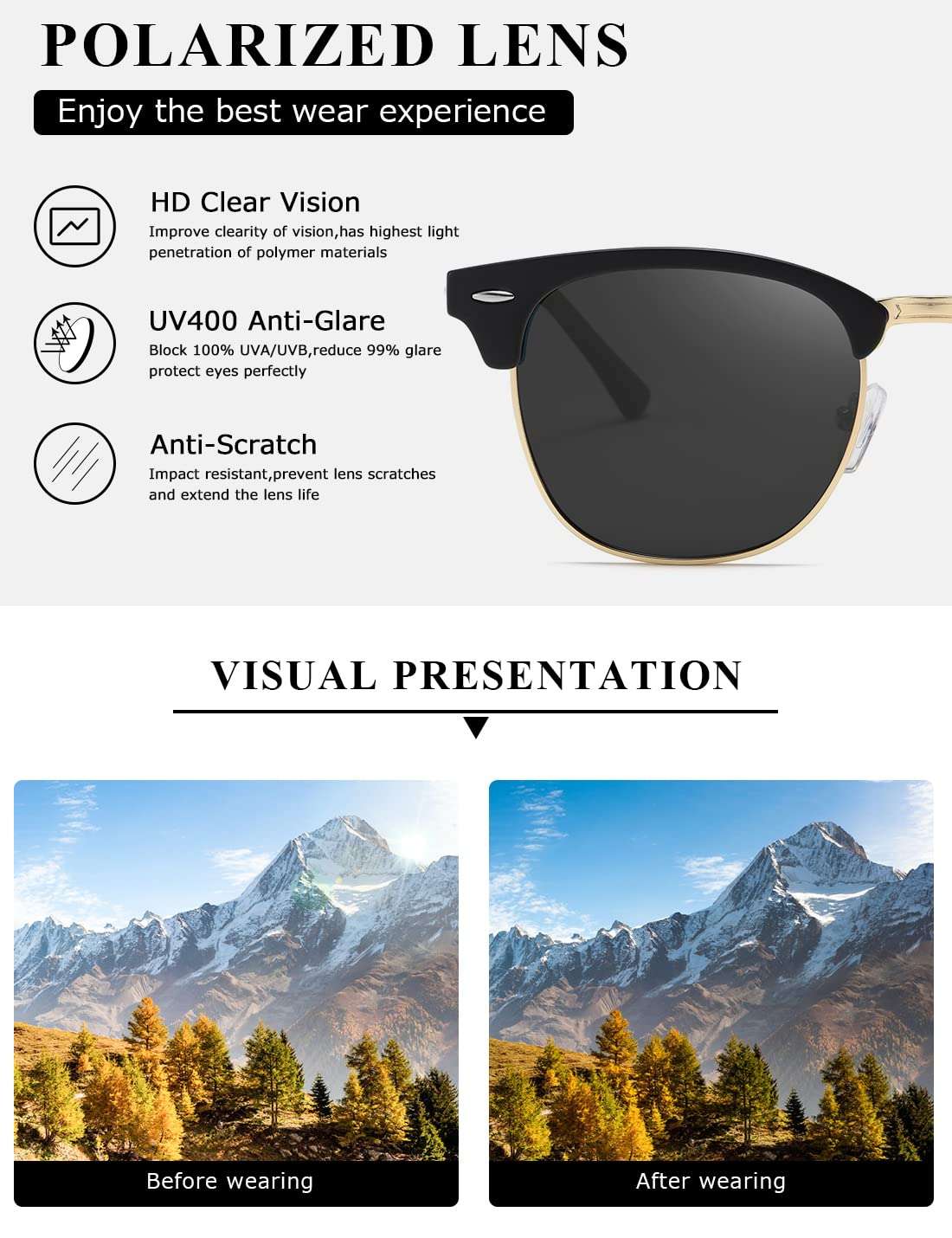 AEVOGUE Polarized Sunglasses For Women And Men Semi Rimless Frame Retro Sun Glasses AE0369 - Image 5