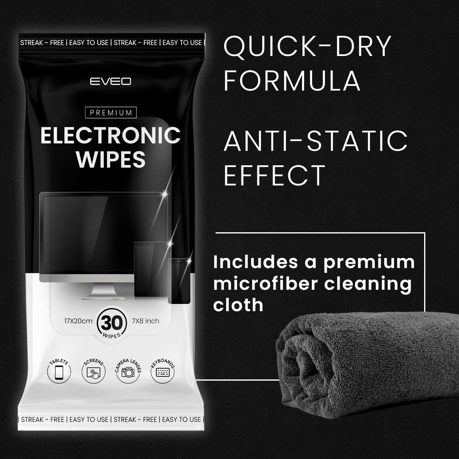 EVEO Electronic Wipes Screen Cleaner - Screen Wipes TV Screen Cleaner Wipes, Computer Screen Wipes, Laptop Screen Cleaner, ipad & Monitor Cleaner, Screen Cleaning Wipes - [90 Wipes + Microfiber Cloth] - Image 5