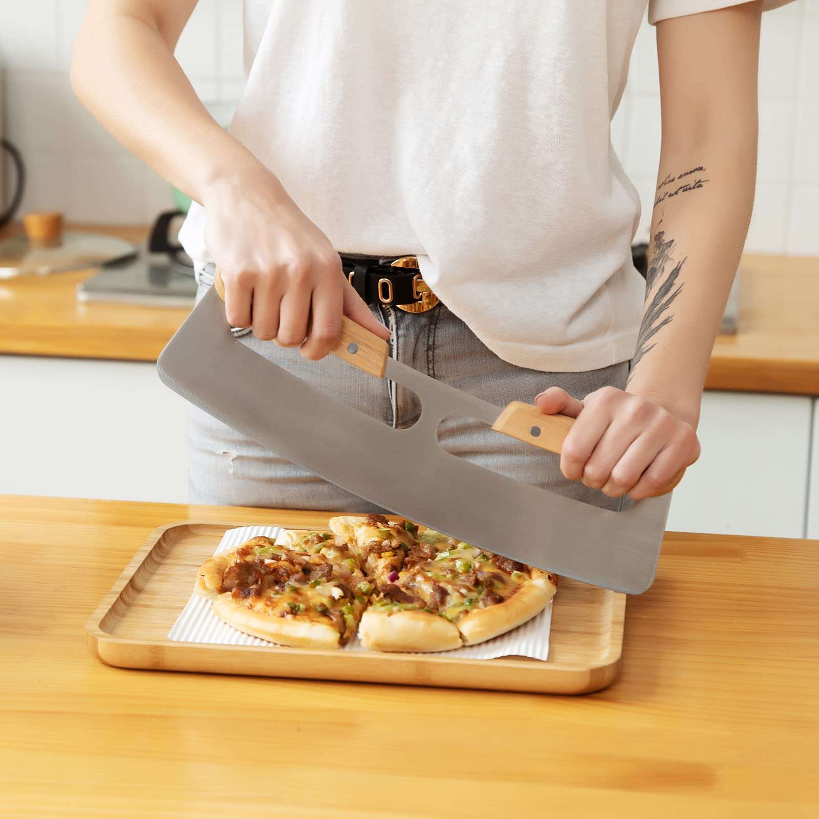 Pizza Cutter Rocker with Wooden Handles & Protective Cover by Zocy, 14" Sharp Stainless Steel Pizza Slicer Wheel, Big Pizza Knife Cutters for Kitchen Tool (14inch) - Image 5