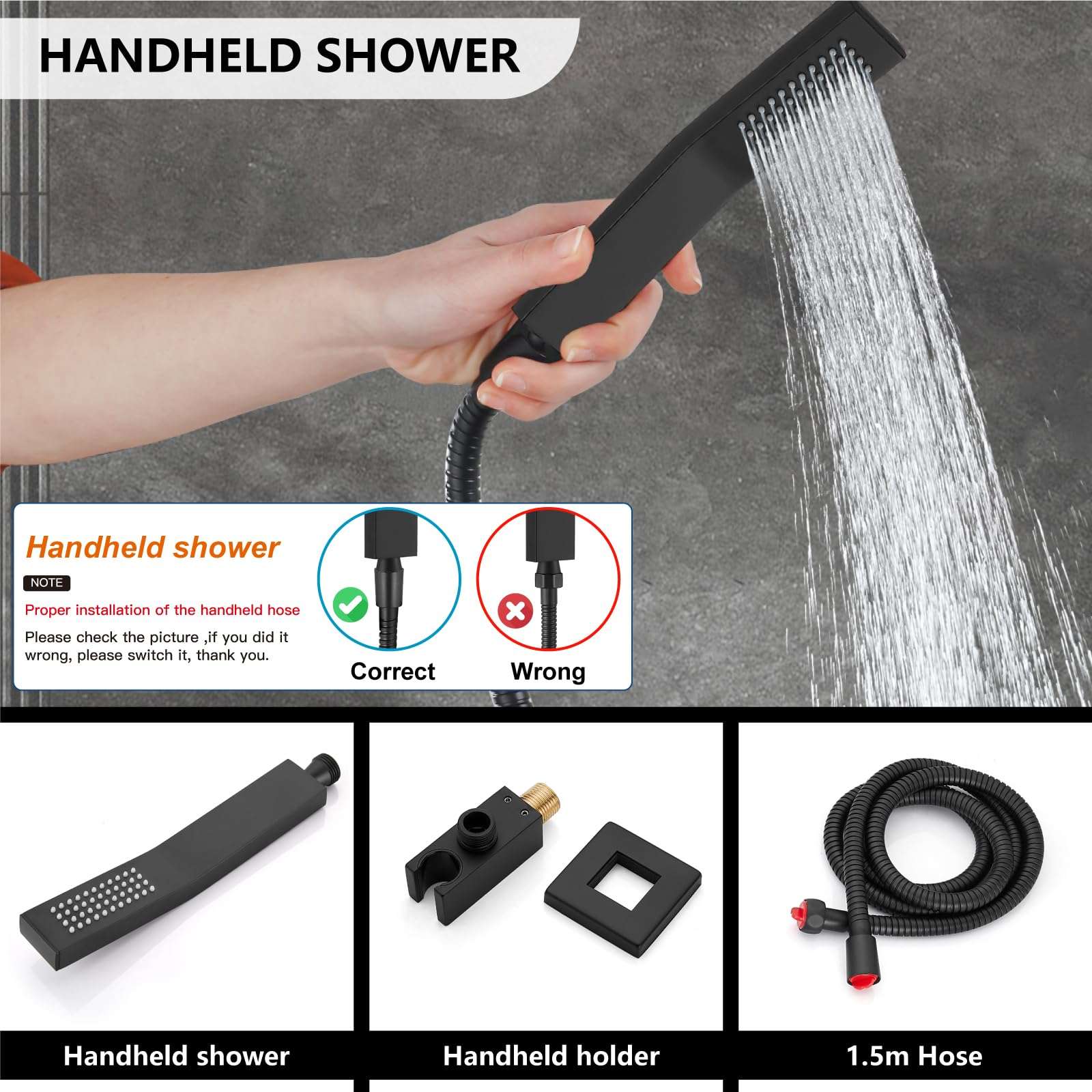 Midanya Shower Faucet Set,Wall Mount Shower System with Square Rain Shower Head and Hand Sprayer, Rough-in Valve Body and Trim Kit Included,8 Inch,Matte Black - Image 5