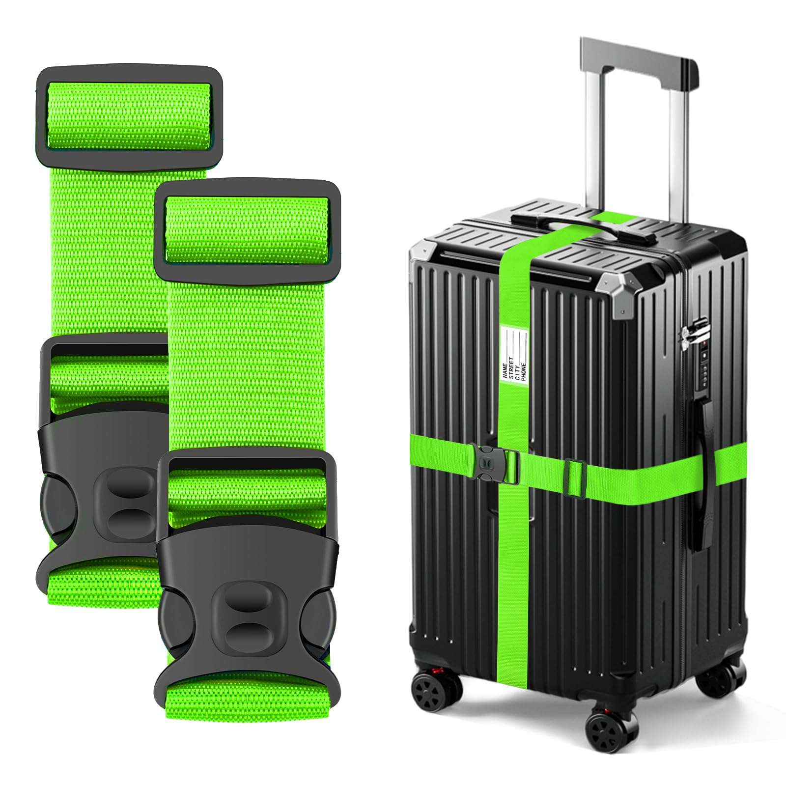 BILIONE Luggage Straps 88 inch Adjustable Suitcase Belt, Lockable Against Accidental Opening, Easy to Identify Travel Accessories, Add a Bag Connector Holds Suitcase Together (Energetic Green, 2) - Image 1