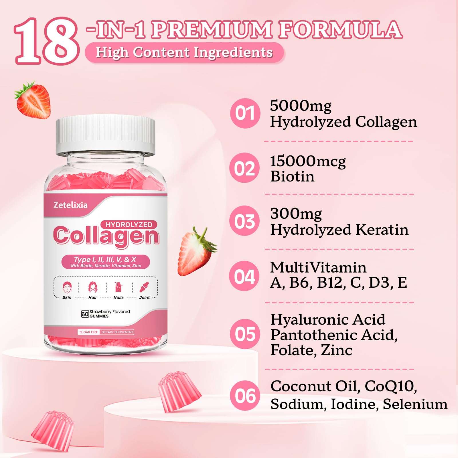 Zetelixia Collagen Gummies for Women Men, Hydrolyzed Collagen Peptide Type I,II,III,V,X with Biotin, Vitamin C A B D E for Skin Hair Nails J0ints, Immunity Energy Digestion, Sugar Free, 60 Count - Image 2