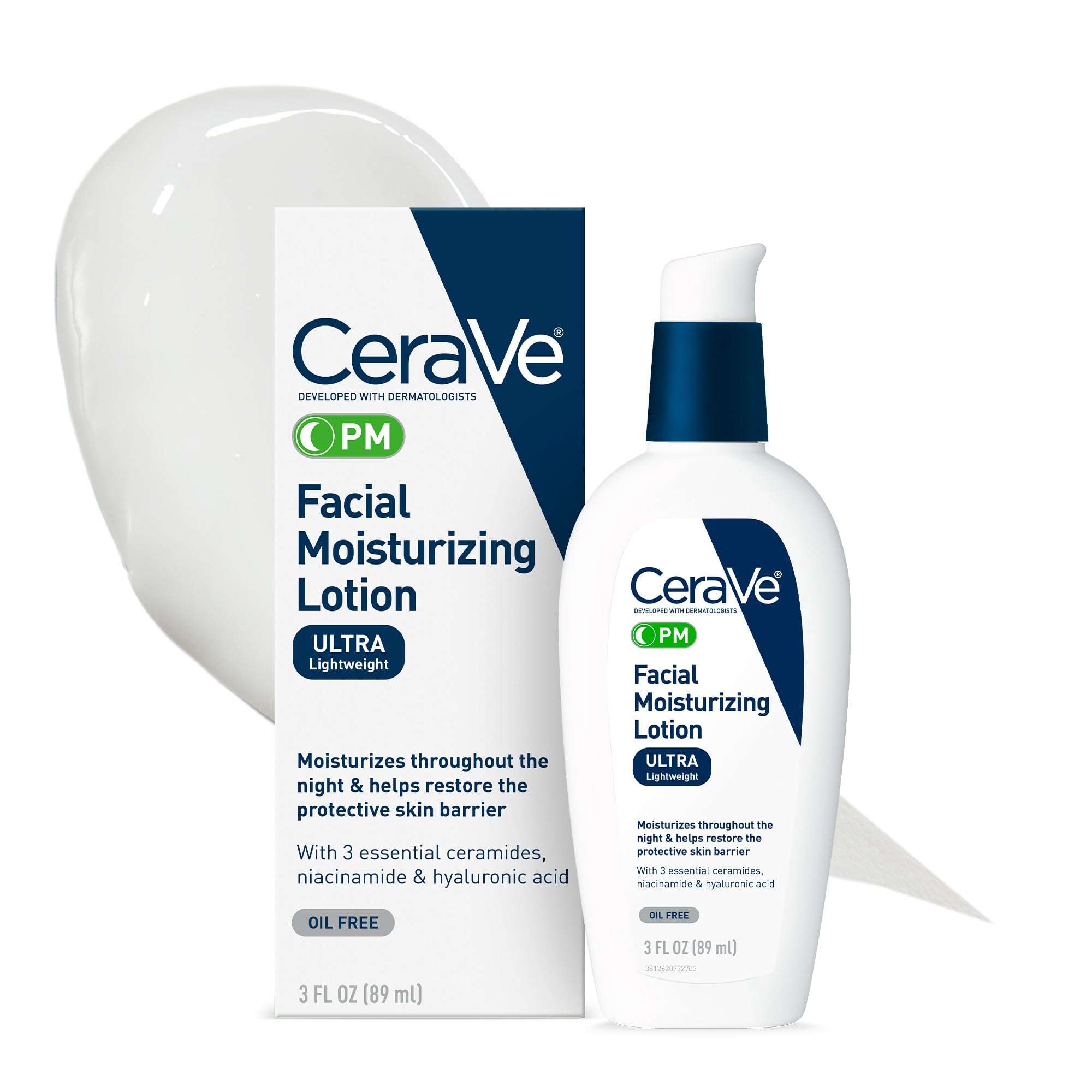 CeraVe PM Facial Moisturizing Lotion, Night Cream with Hyaluronic Acid and Niacinamide, Ultra-Lightweight, Oil-Free Moisturizer for Face, 3 Ounce - Image 1