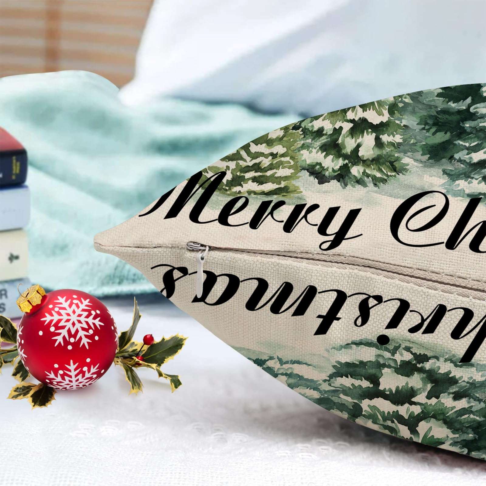 GOOESING Merry Christmas Pillow Covers 16x24 Inch Watercolor Green Christmas Tree Nature Forest Linen Decorative Throw Pillow Cover Cushion Case for Indoor Outdoor Home Sofa Bedroom Living Room - Image 3
