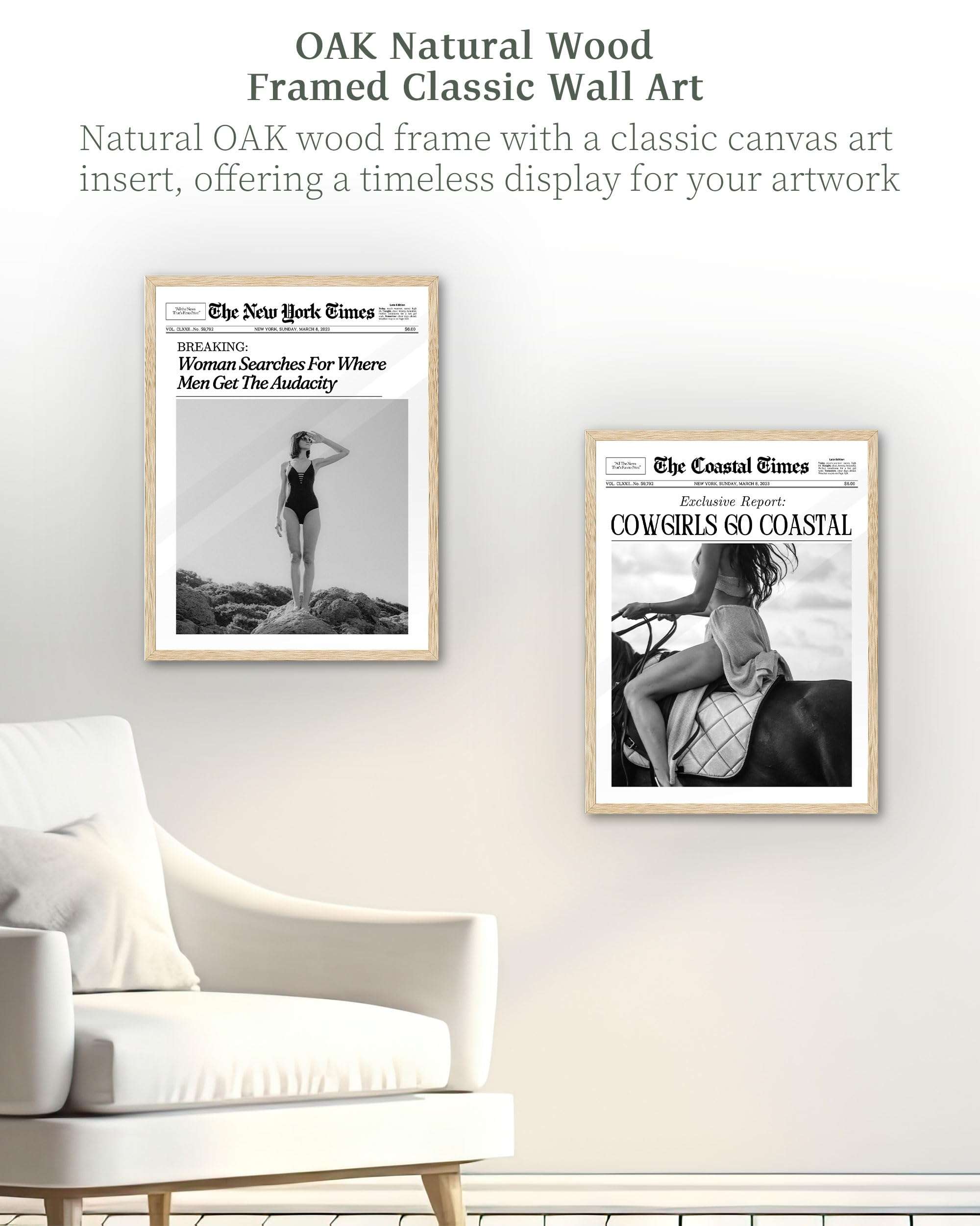 iHery Natural OAK Wood Framed Trendy NewsPaper Wall Art,12x16in Canvas Wall Art,Retro Vintage Magazine Headline News,Woman Searches For Where Men Get The Audacity,Dorm Bedroom Home Décor 1Pack - Image 4