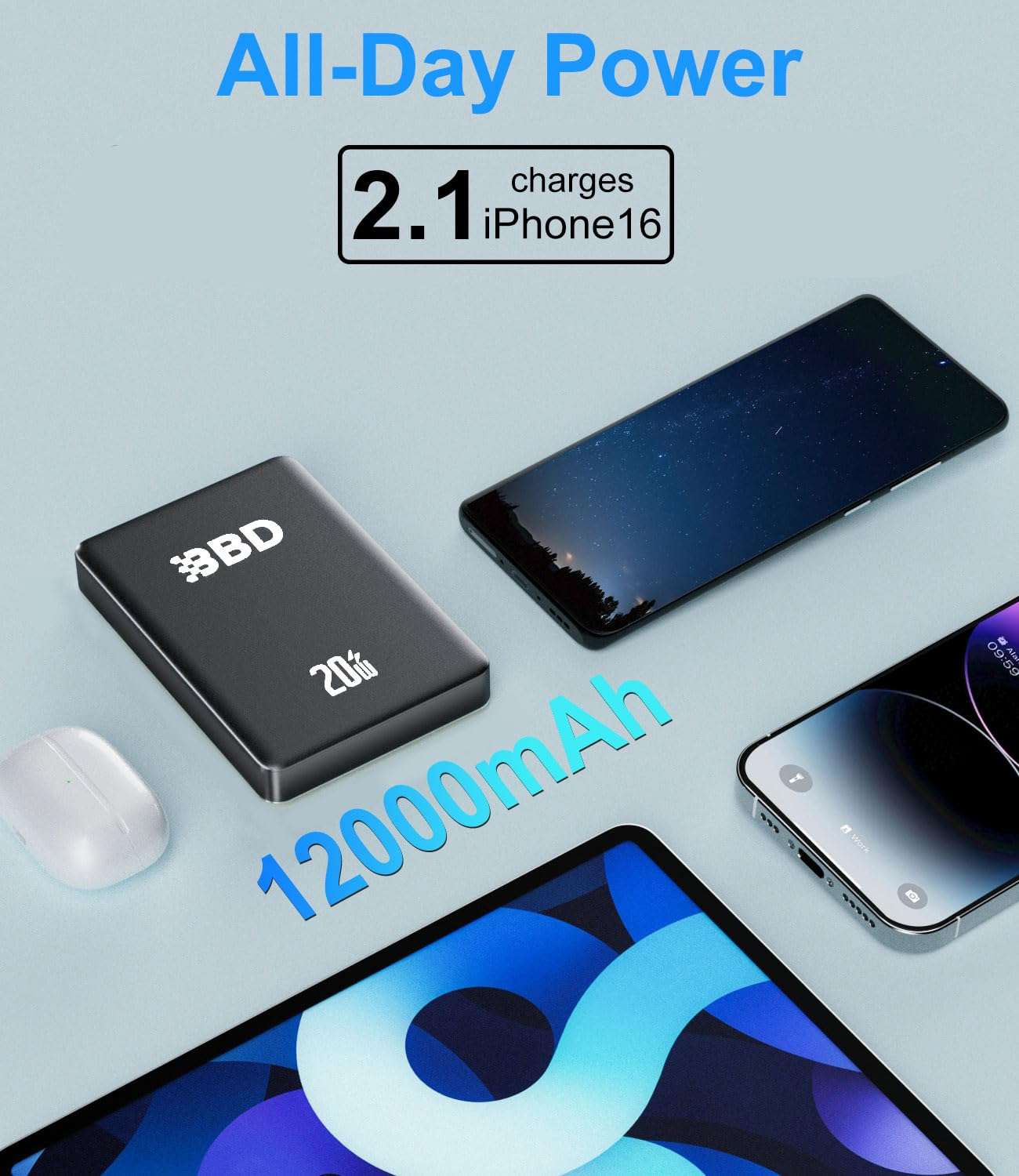 BBD Magnetic Power Bank for iPhone,12000mAh Magsafe Battery Pack with 20w Fast Charging,Slim Magsafe Power Bank USB C in&Out,Wireless Portable Charger for iPhone 16/15/14/13/12 Series 1 Pack - Image 6