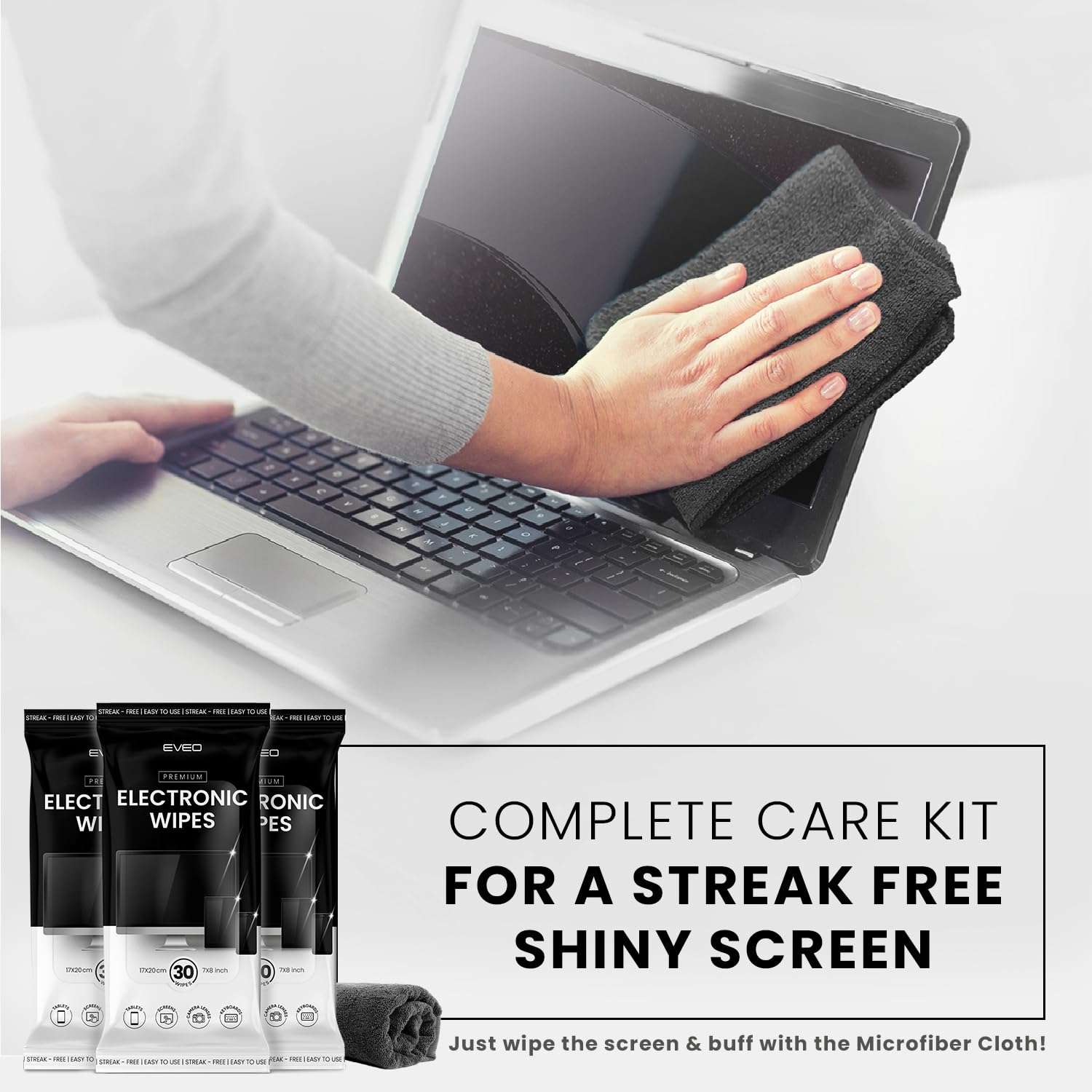 EVEO Electronic Wipes Screen Cleaner - Screen Wipes TV Screen Cleaner Wipes, Computer Screen Wipes, Laptop Screen Cleaner, ipad & Monitor Cleaner, Screen Cleaning Wipes - [90 Wipes + Microfiber Cloth] - Image 3