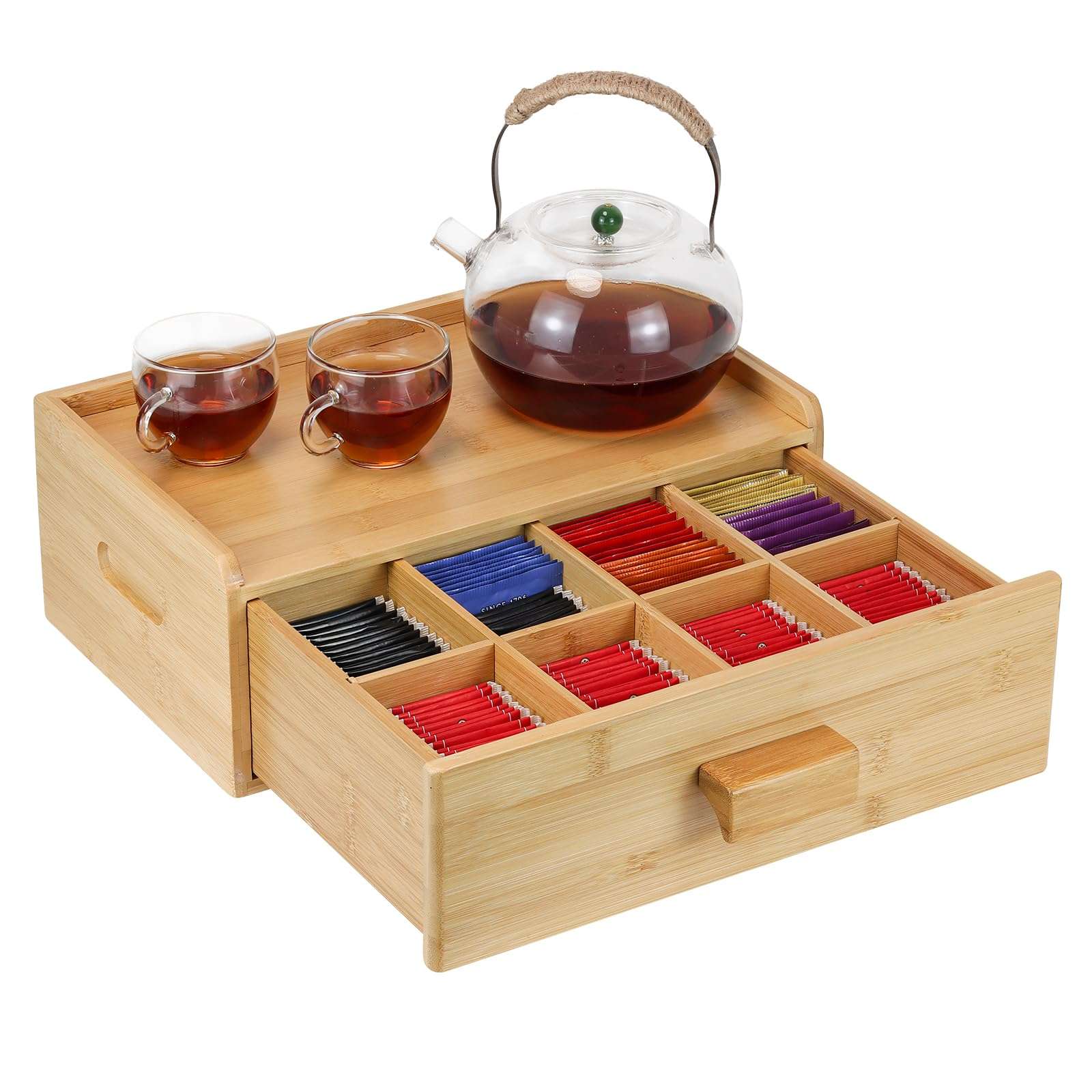 MOCAS Bamboo Tea Bag Organizer, Slide Drawer Storage Box with 8 Compartments, Eco-Friendly Countertop Holder Display for Teabags, Tea Station Chest, Organizador De Te - Image 1