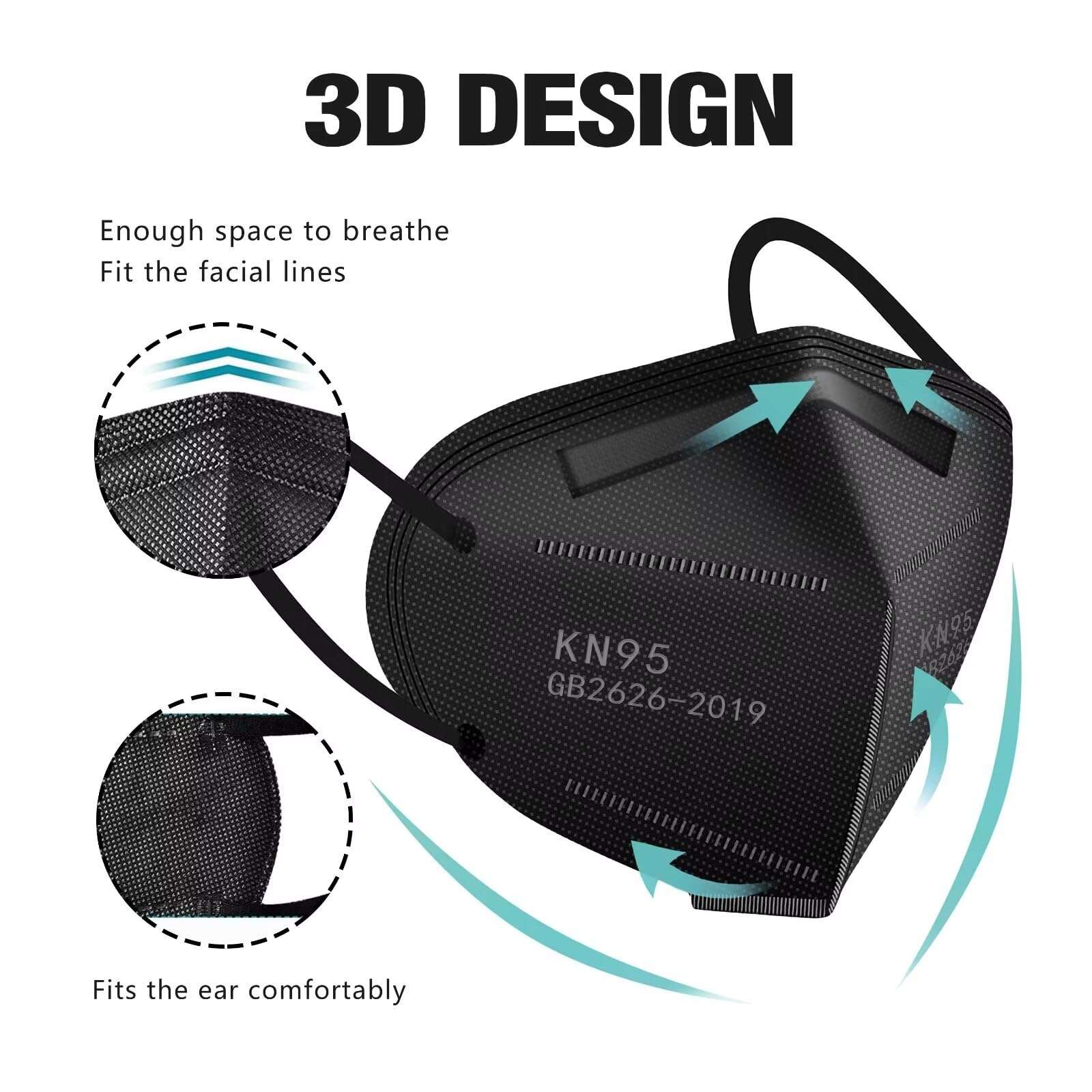 LEMENT 50pcs KN95 Face Mask Black 5 Layer Cup Dust Safety Masks Filter Efficiency≥95% Breathable Elastic Ear Loops Black Masks - Image 3