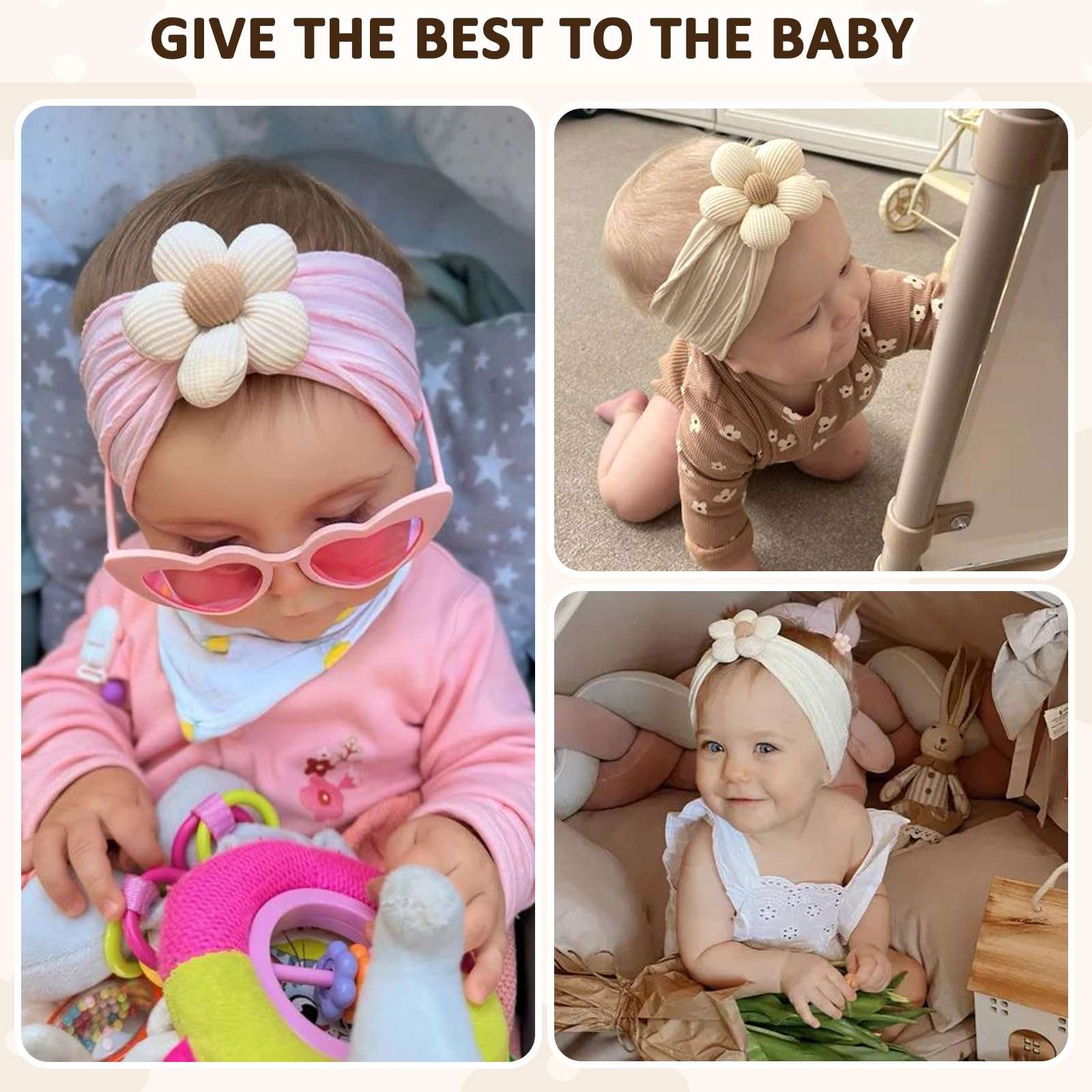 MIUXUESO 3 Pcs Baby Flower Headbands Baby Girls Nylon Headband Soft Hairbands Hair Accessories for Newborn Infant Toddler Kids (Beige Pink Khaki) - Image 4
